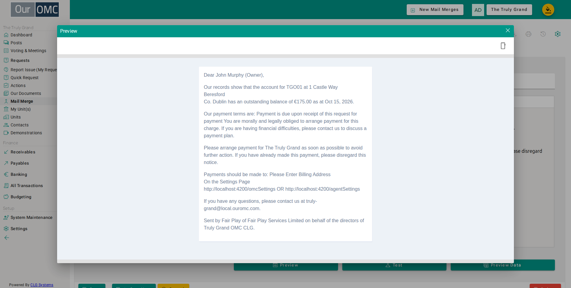 The preview opens showing the merged mail exactly as it would be sent - nothing is sent or saved
