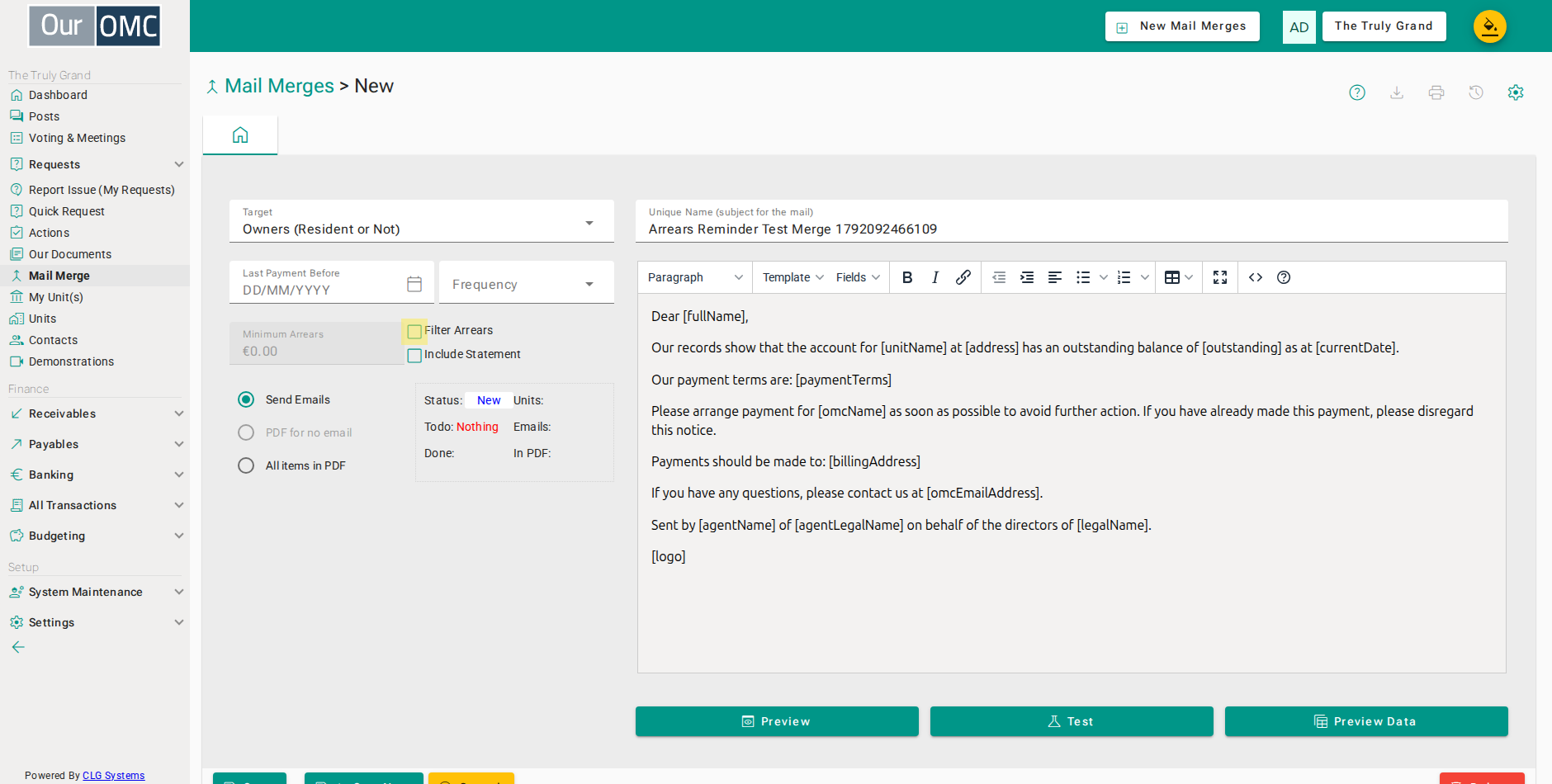 Click the Filter with Arrears checkbox to only include owners in arrears