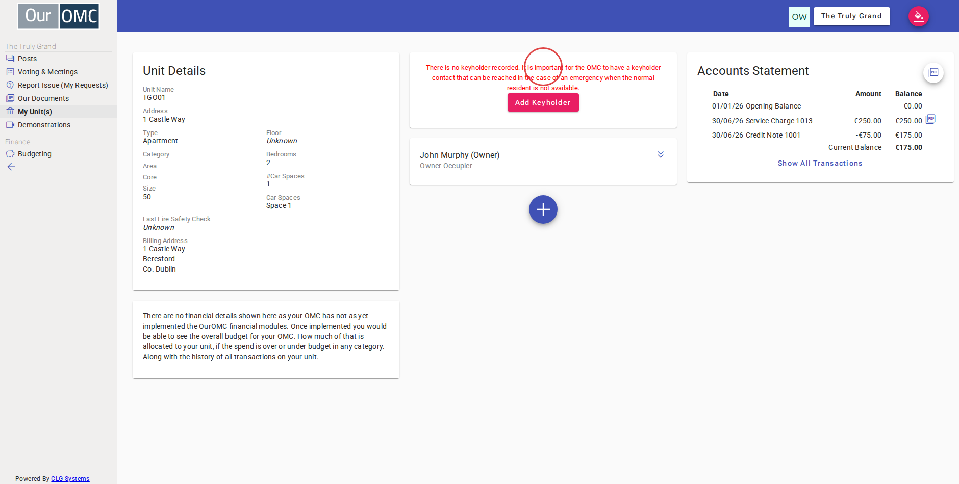 Click the + button to add a new contact to the unit — residents, keyholders and other linked contacts can be added