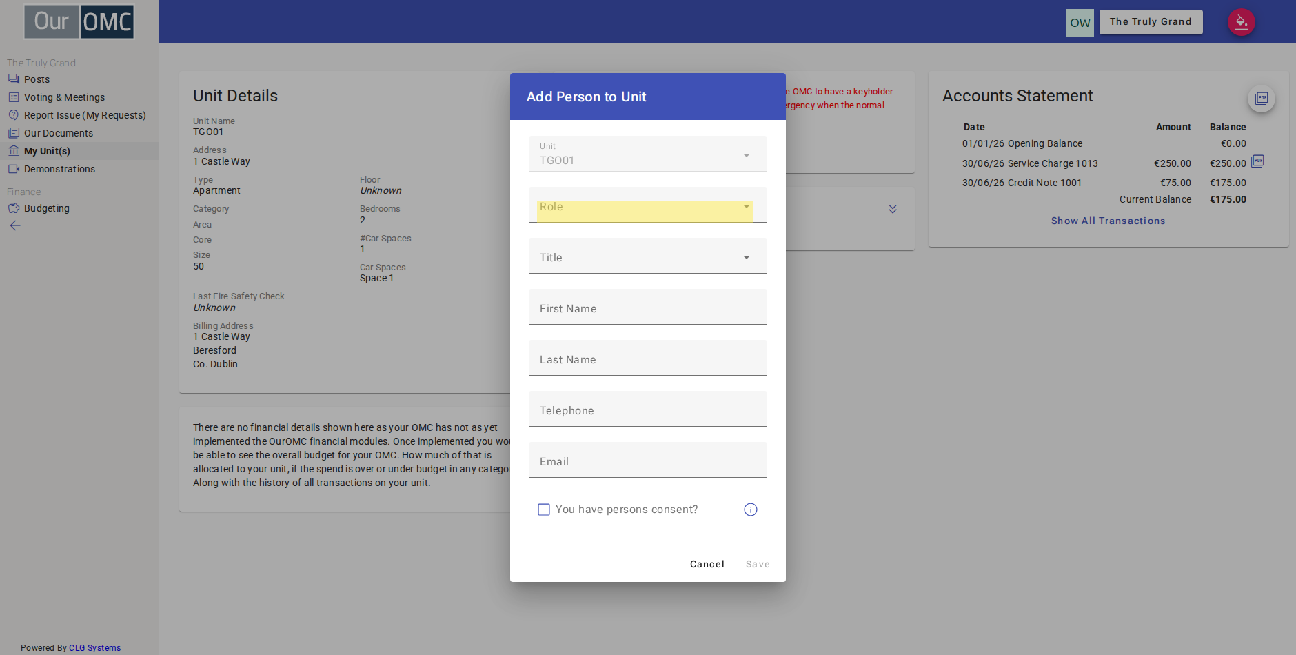 Select the role for this contact — Resident, Keyholder, or other unit-linked roles can be assigned