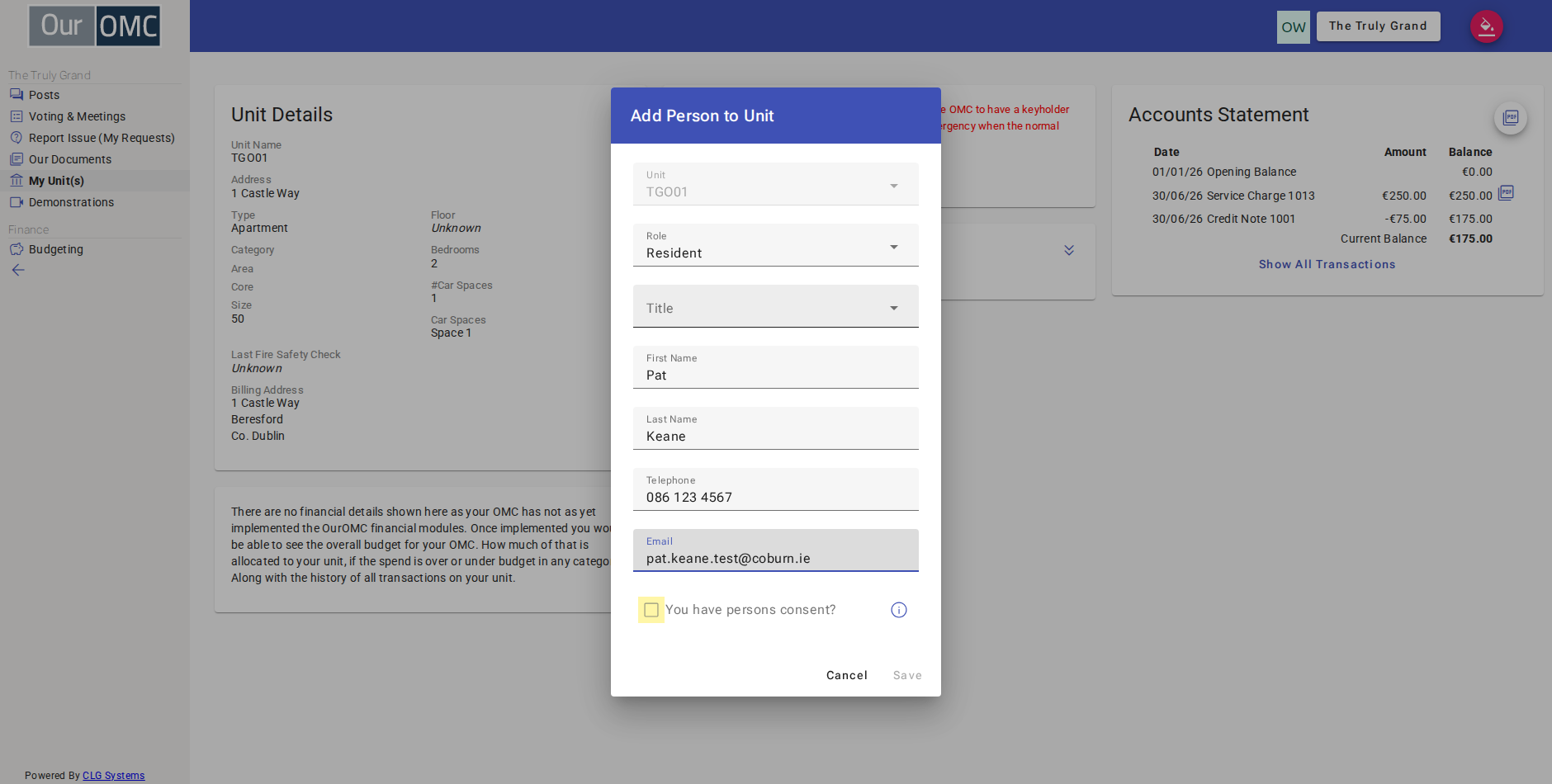 Check the consent box to confirm that the person has given permission for their details to be stored by the OMC
