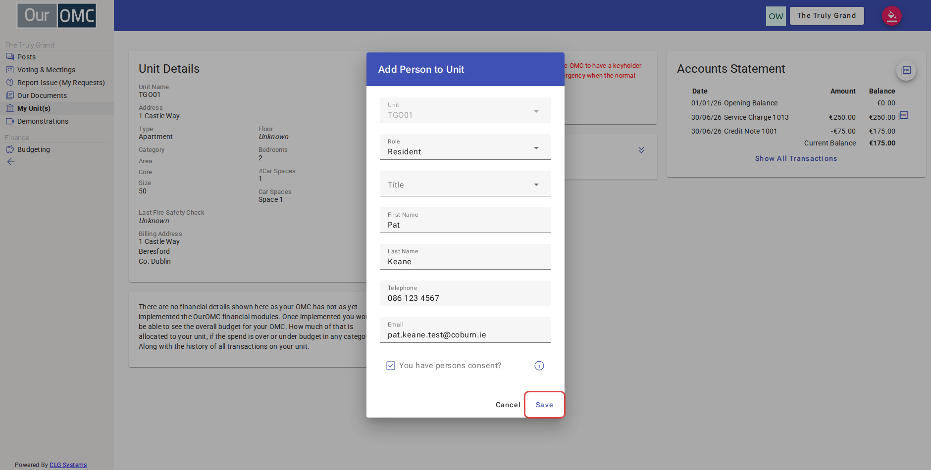 Save the new contact — they will be added to the unit and can now be invited to register