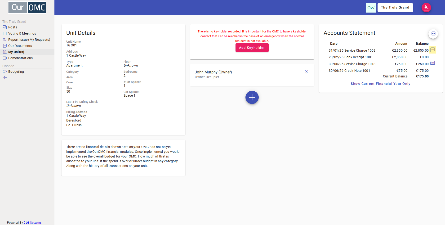 Click the PDF icon on a service charge row to get a printable copy of the invoice