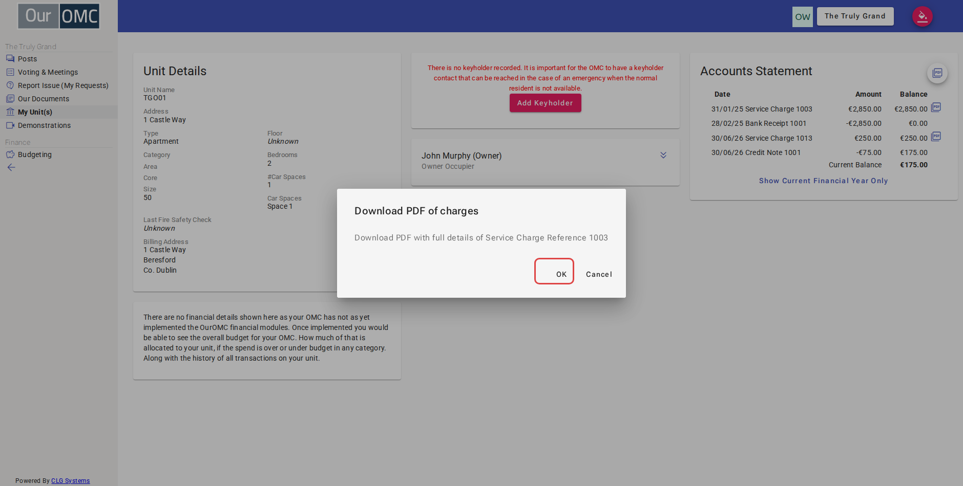 Confirm to download the invoice — a PDF copy of the service charge will be saved
