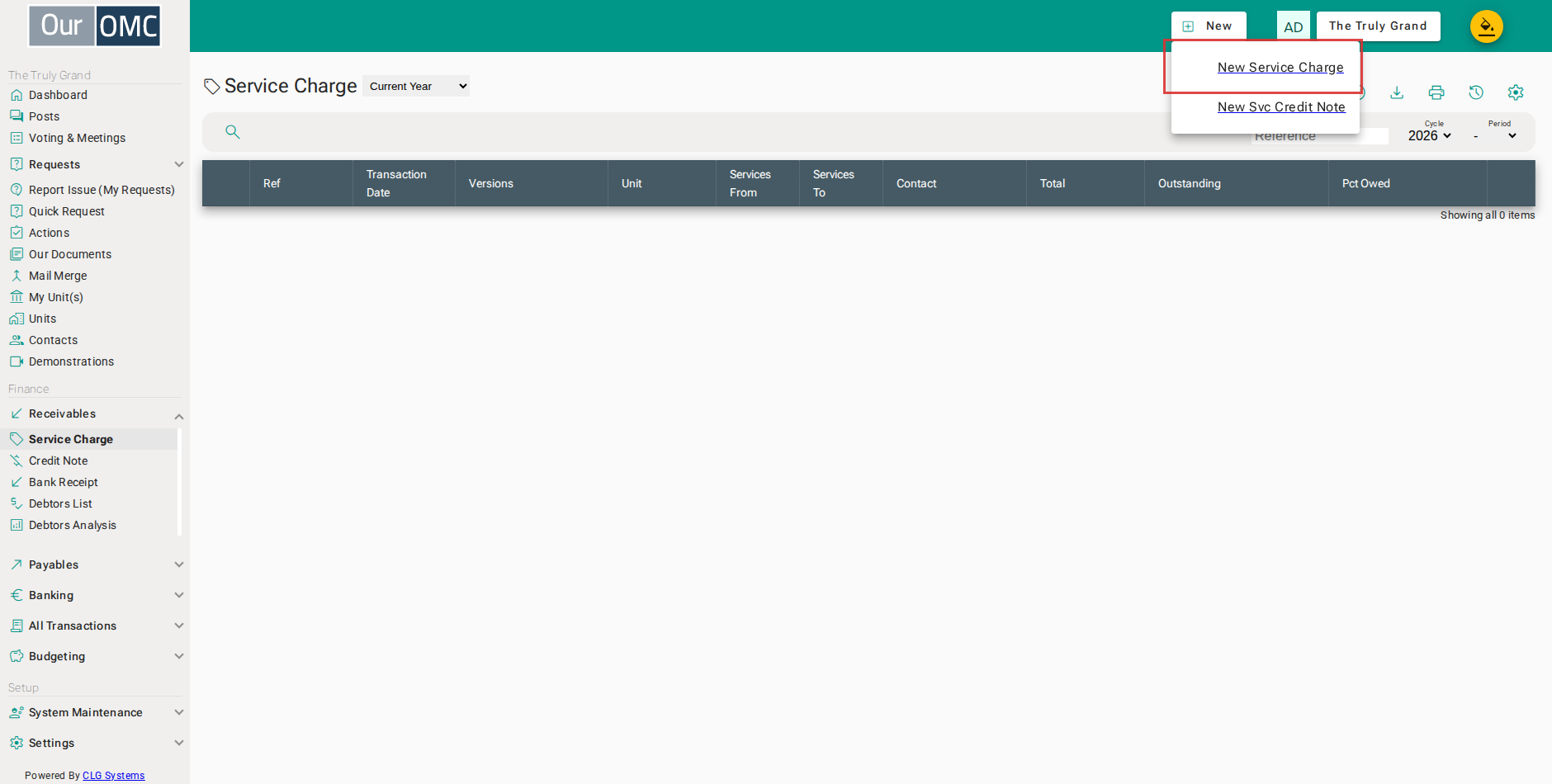 Select [New Service Charge] from the new options menu