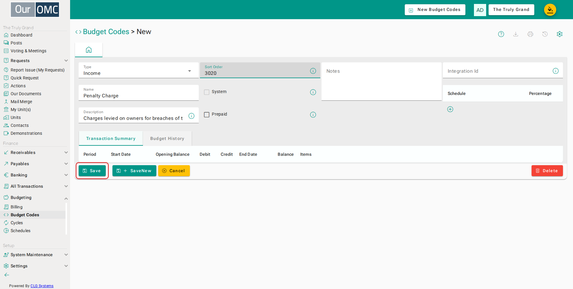 Click save to create the income code