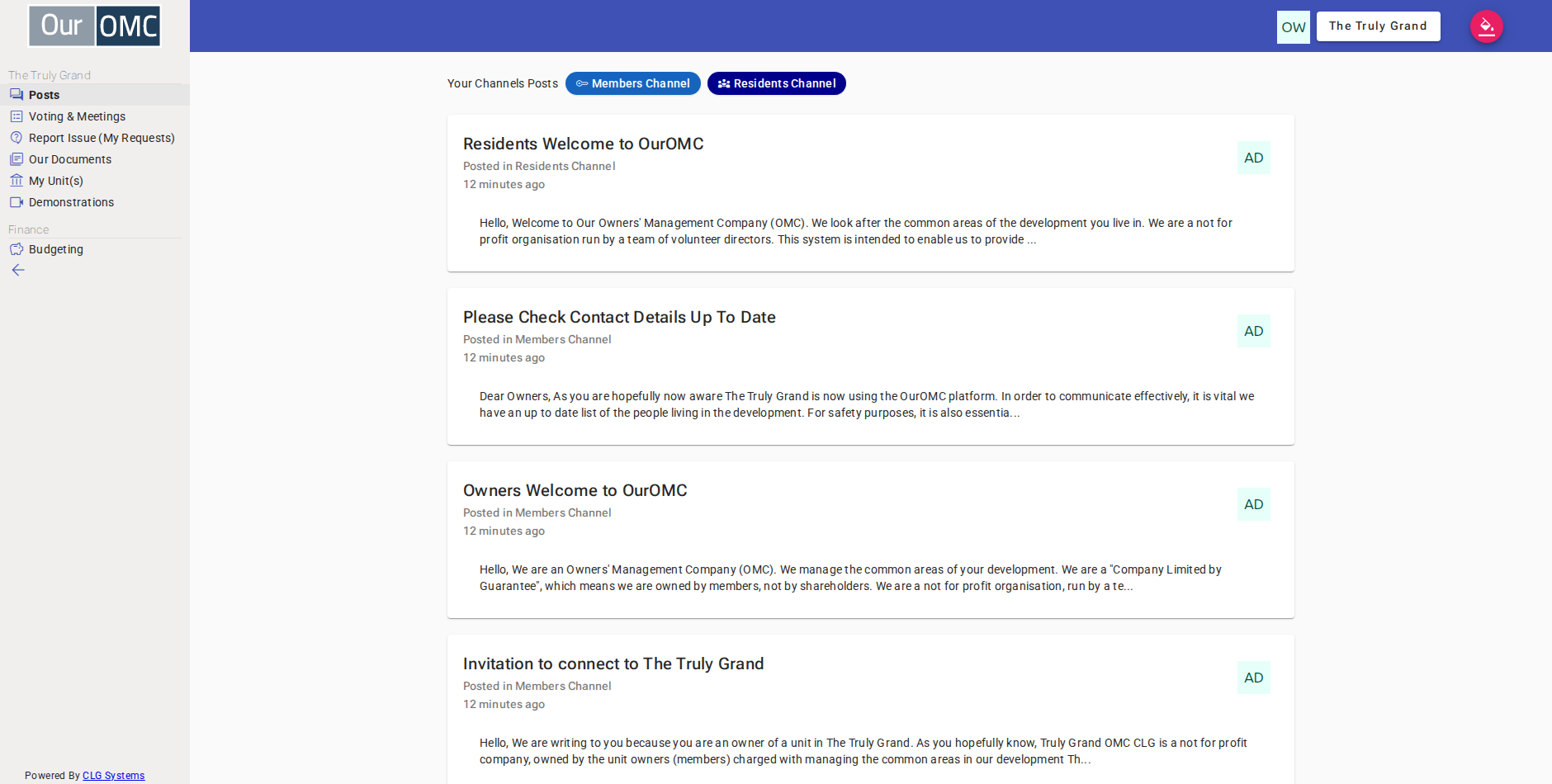 The owner can see posts from the residents and members channels