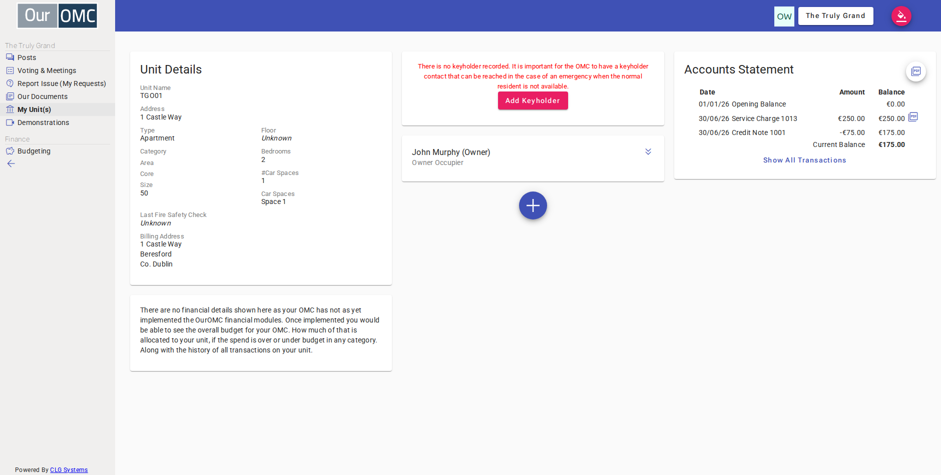 The owner can see their unit details and service charge account