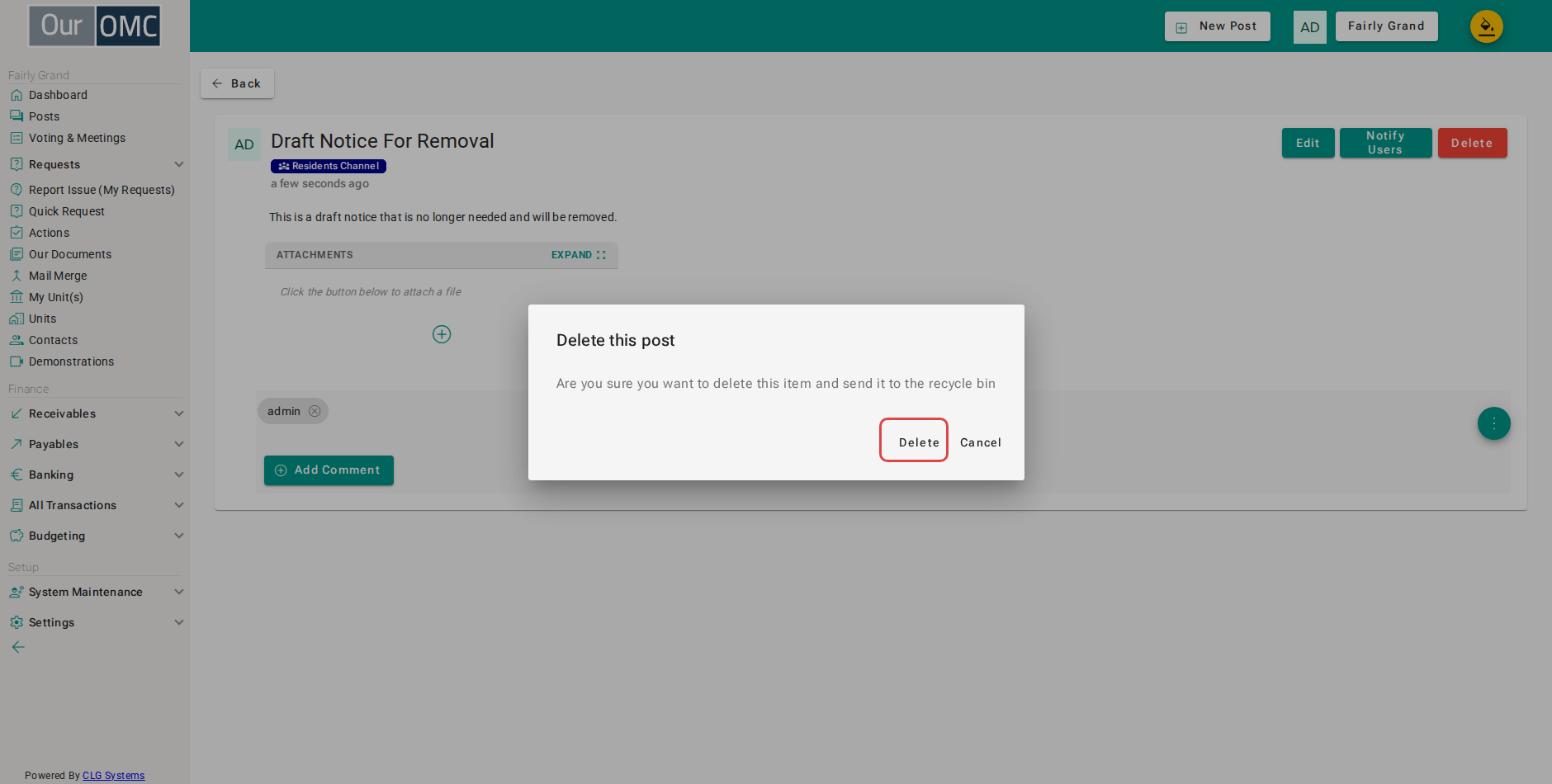Confirm deletion — a post can be deleted while it has not yet been notified