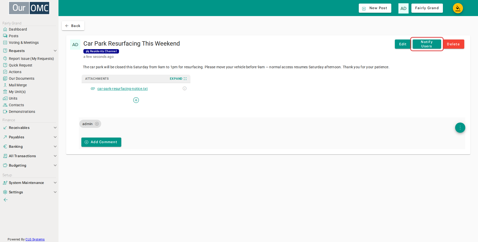 Click Notify Users to email a copy of the post to everyone who can see it