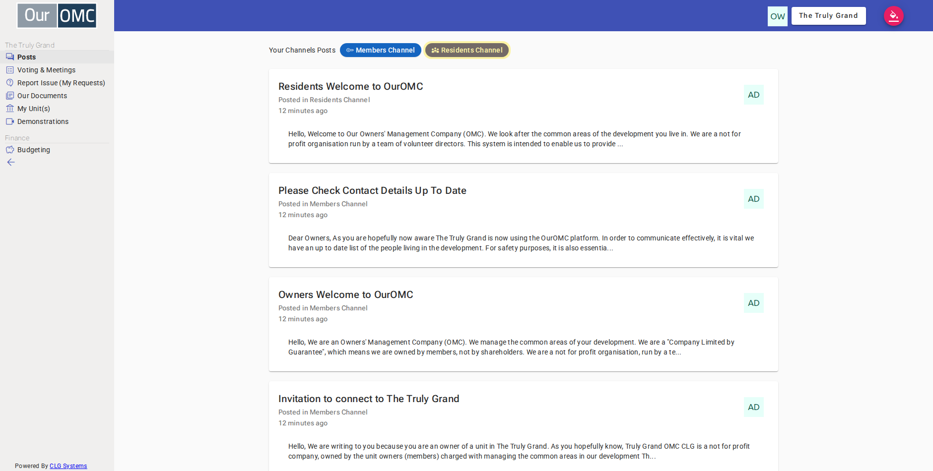 The owner can see all 5 posts across the public, residents and members channels — clicking Residents Channel to see residents' posts