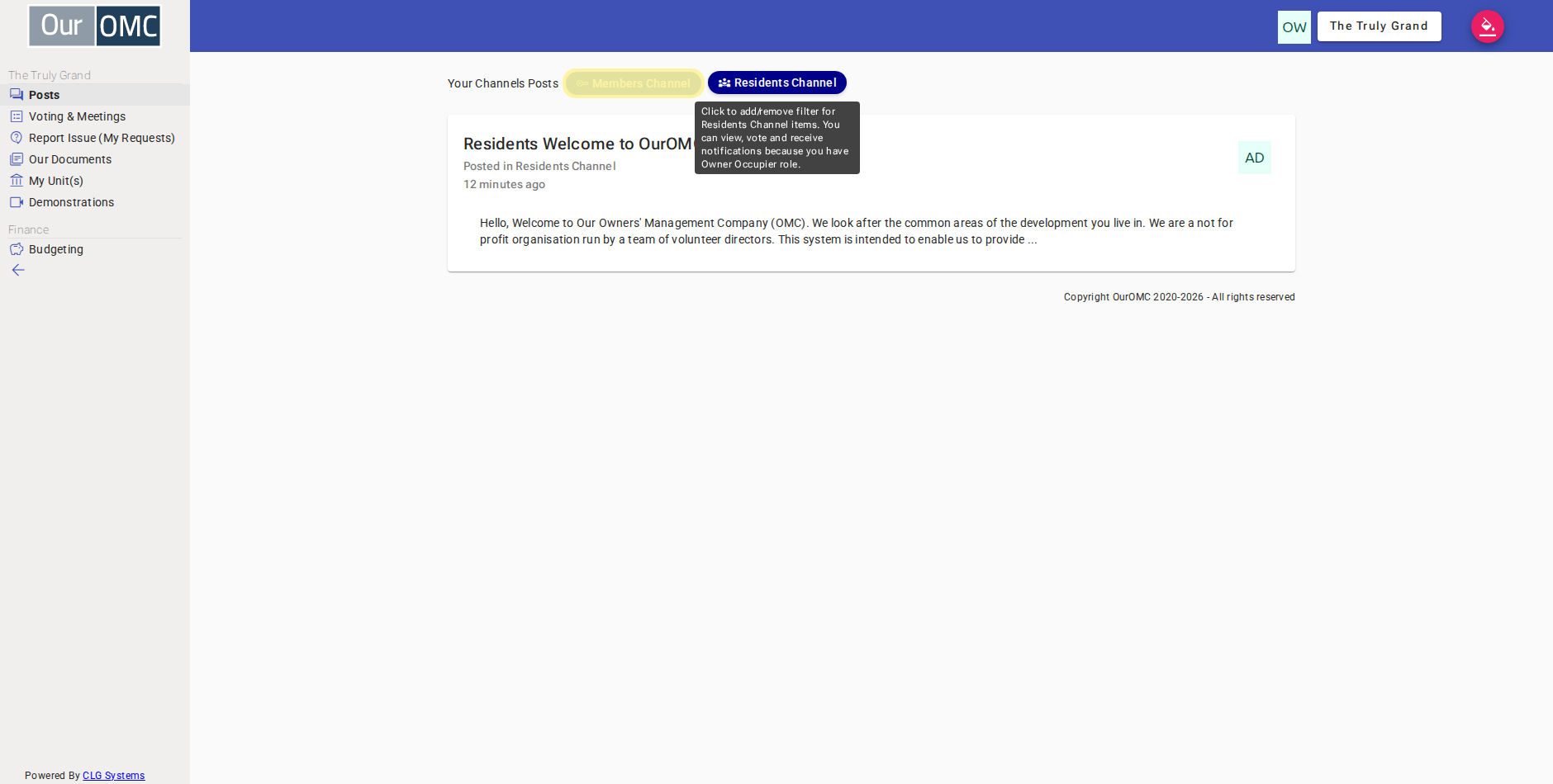1 Residents Channel post is shown — clicking Members Channel switches to members' announcements
