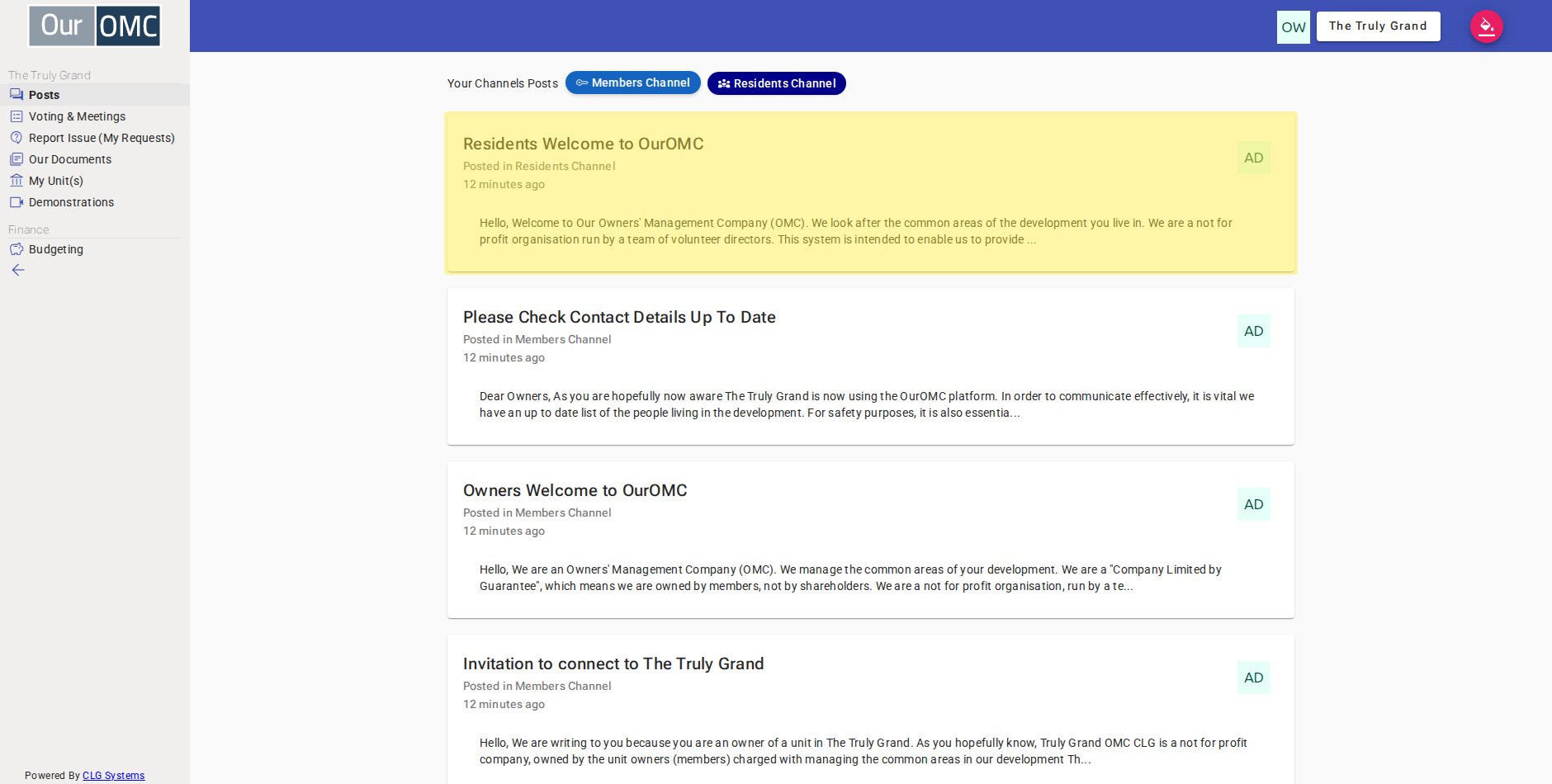 All posts are visible — clicking "Bin Collection Moving to Tuesdays" to read the full announcement