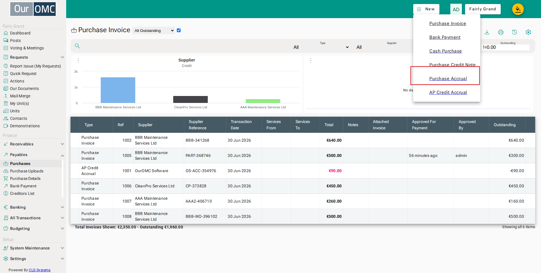Select [Purchase Accrual] from the new options menu