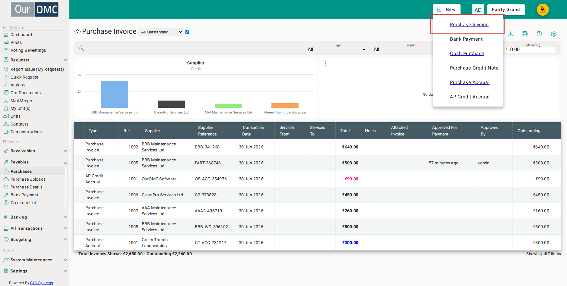 Select [Purchase Invoice] from the new options menu