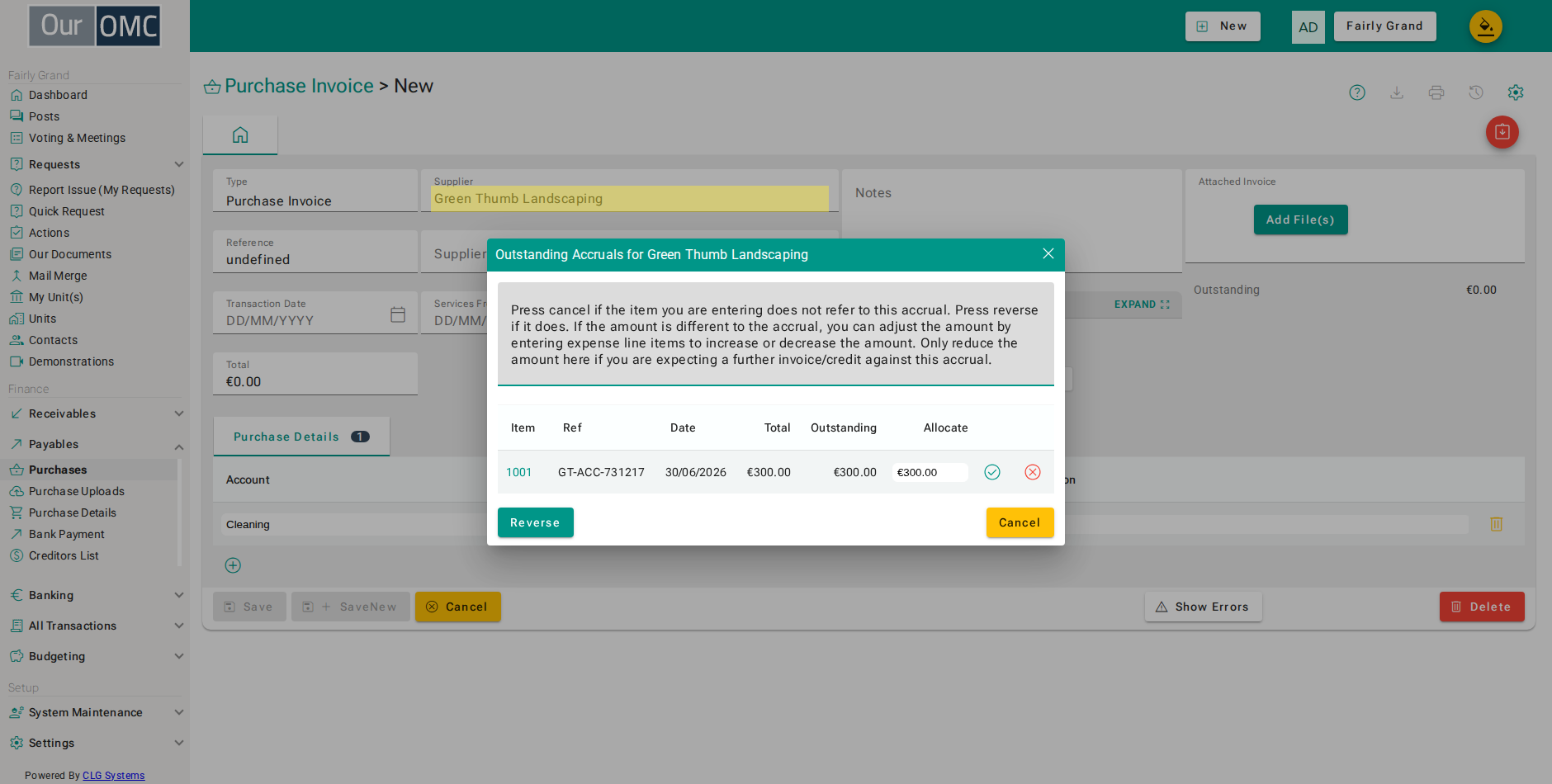 Choose the supplier - the form checks straight away whether anything is accrued for them