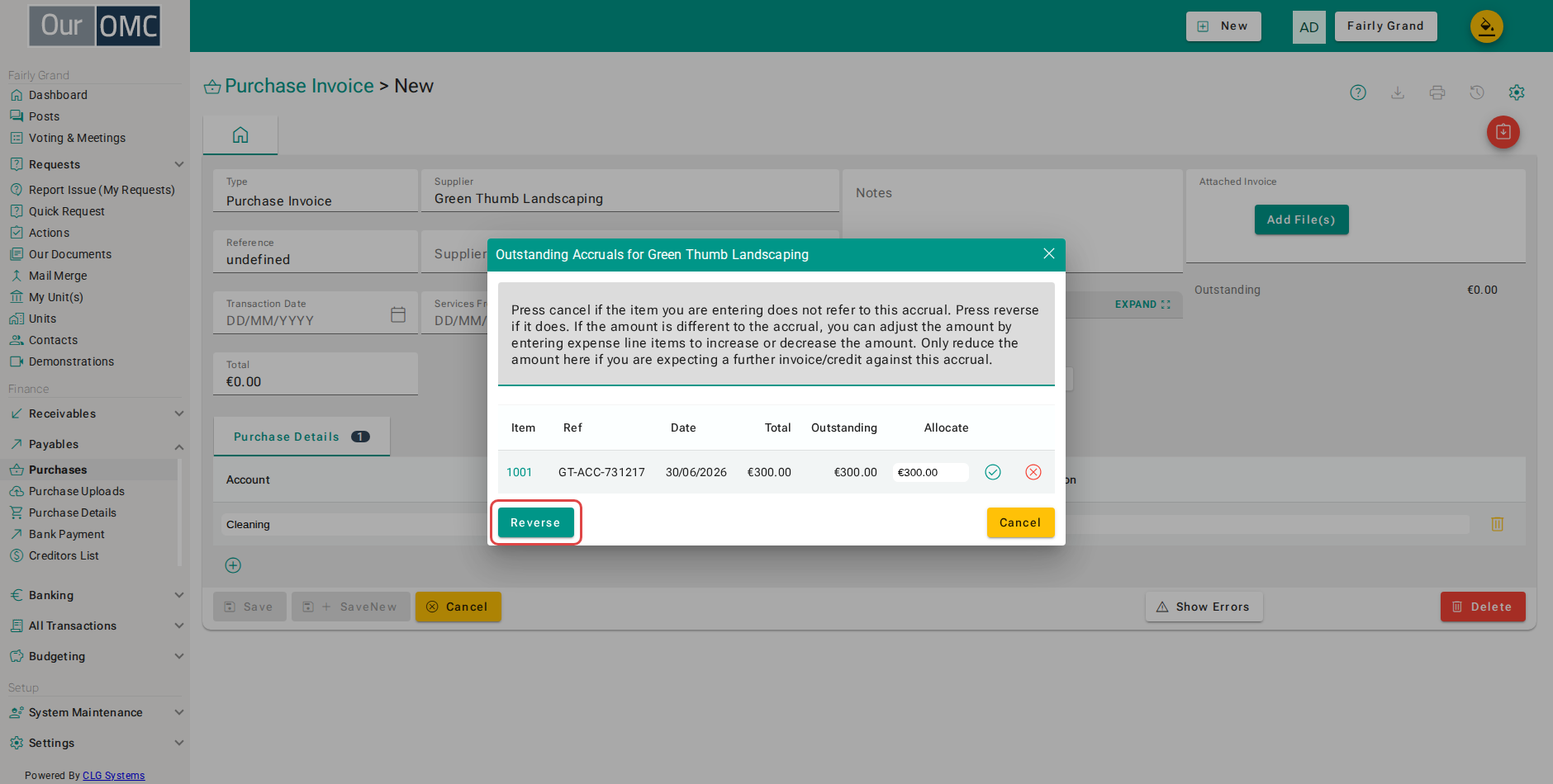 Click Reverse - the invoice will carry a line that writes the accrual off