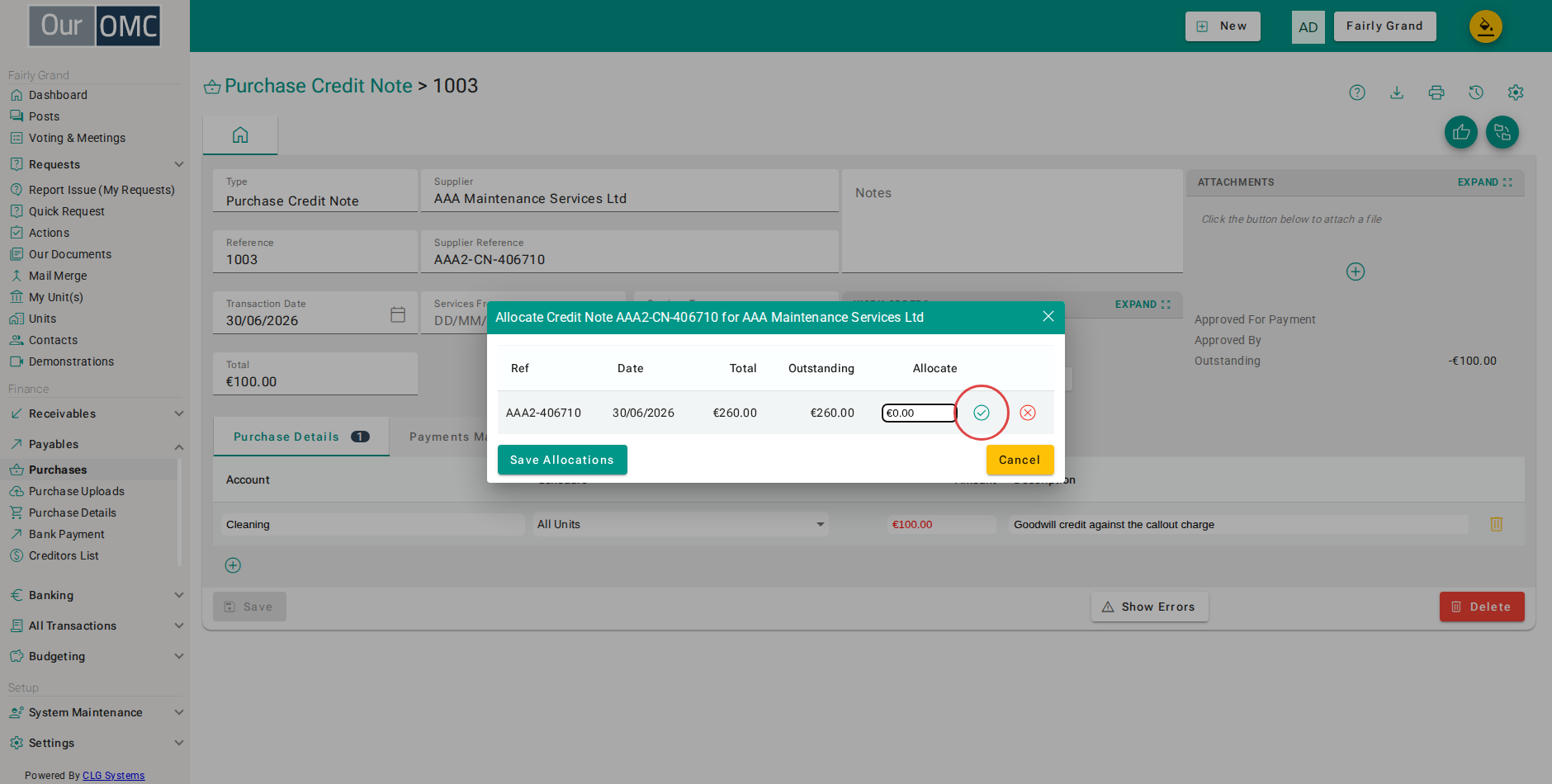 Click the tick to allocate as much of the credit as this invoice can take