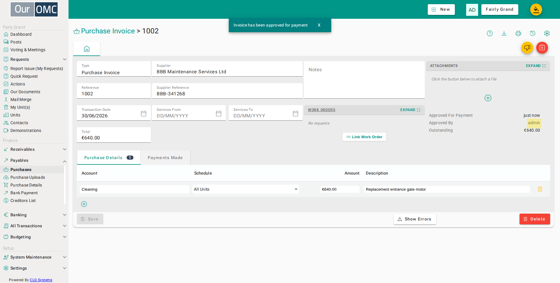 The invoice now records who approved it, and will appear on a payment run