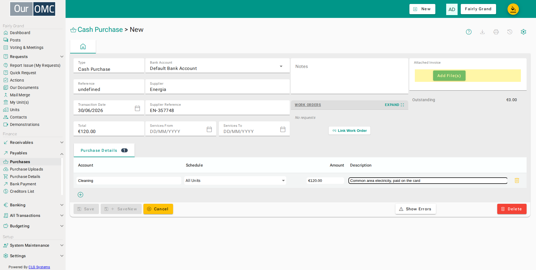 Attach the supplier's invoice - an invoice cannot be saved without one unless the OMC has made attachments optional
