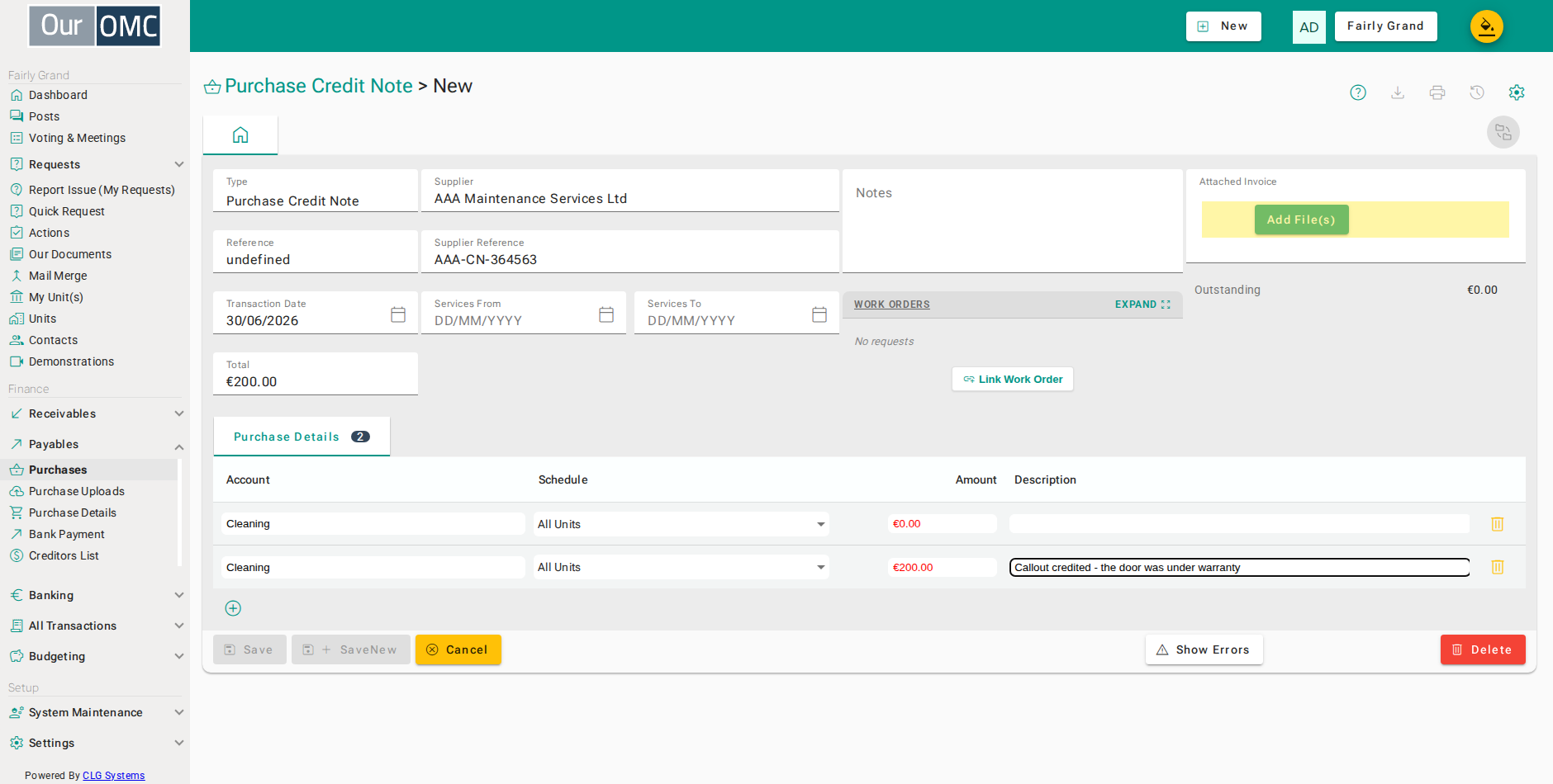 Attach the supplier's invoice - an invoice cannot be saved without one unless the OMC has made attachments optional