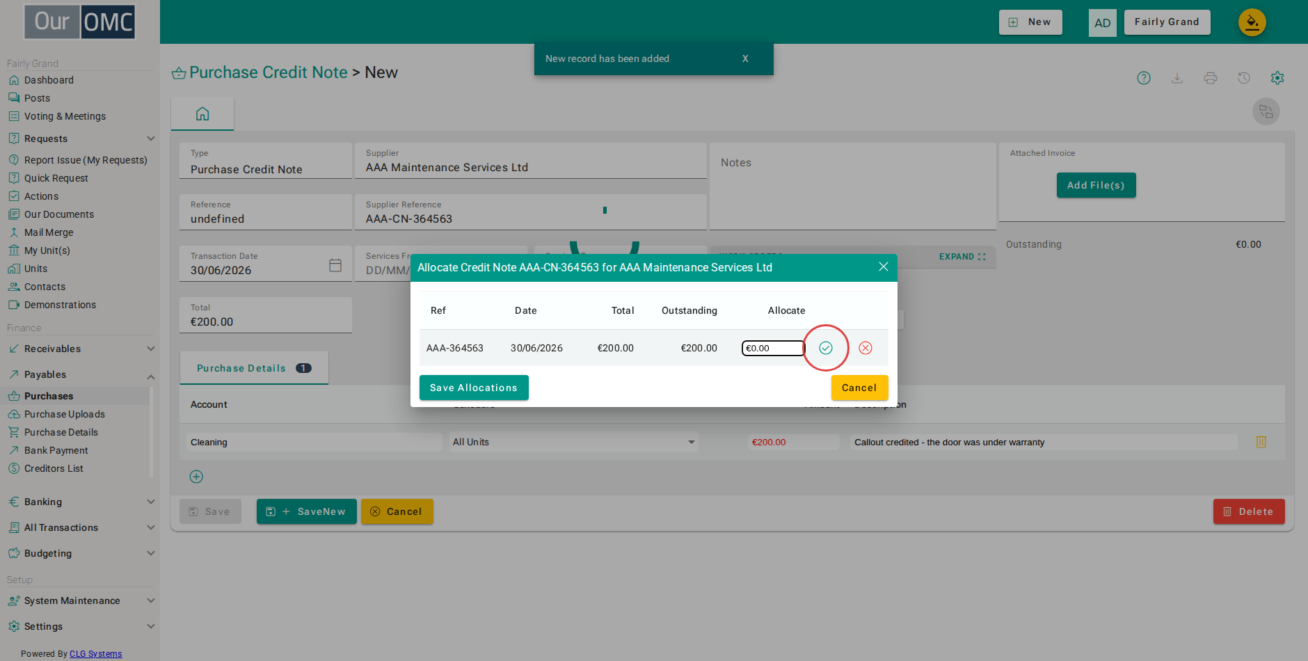 Click the tick to set the whole credit against this invoice