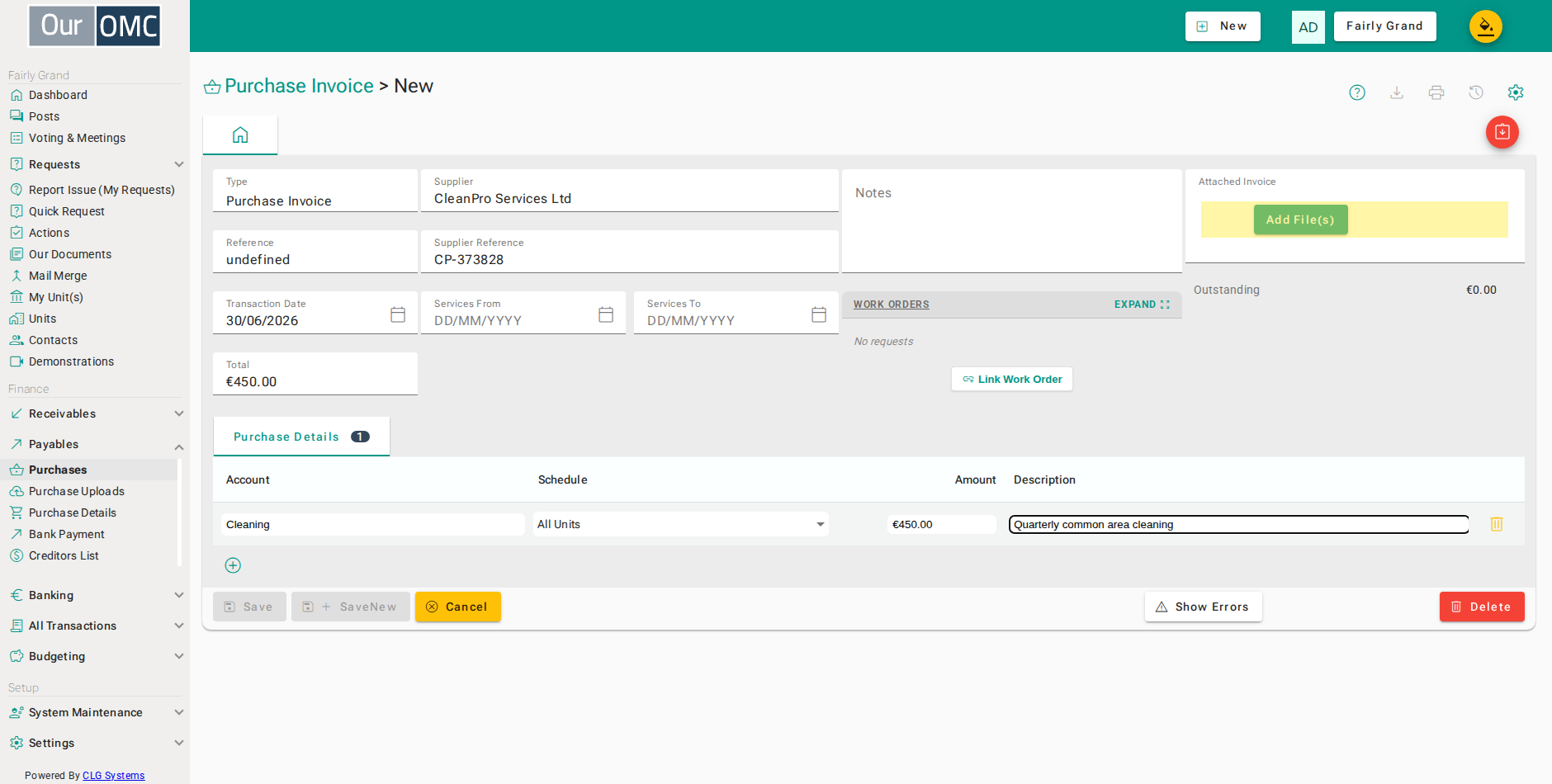 Attach the supplier's invoice - an invoice cannot be saved without one unless the OMC has made attachments optional
