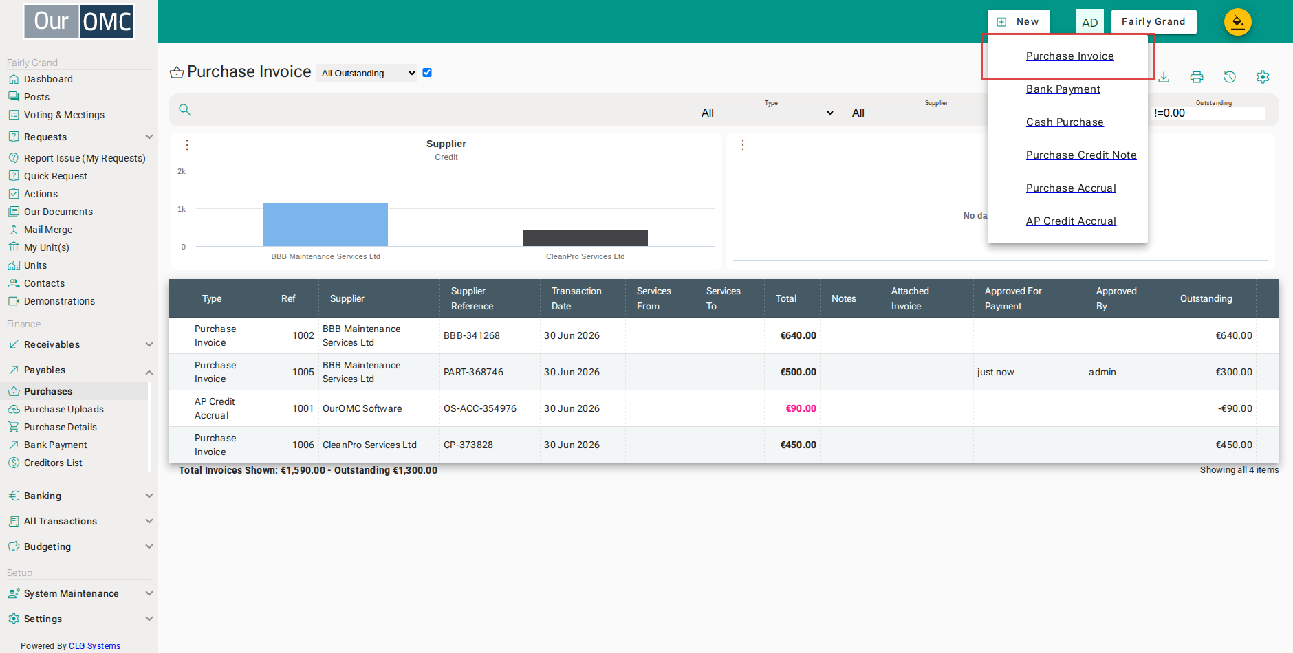 Select [Purchase Invoice] from the new options menu