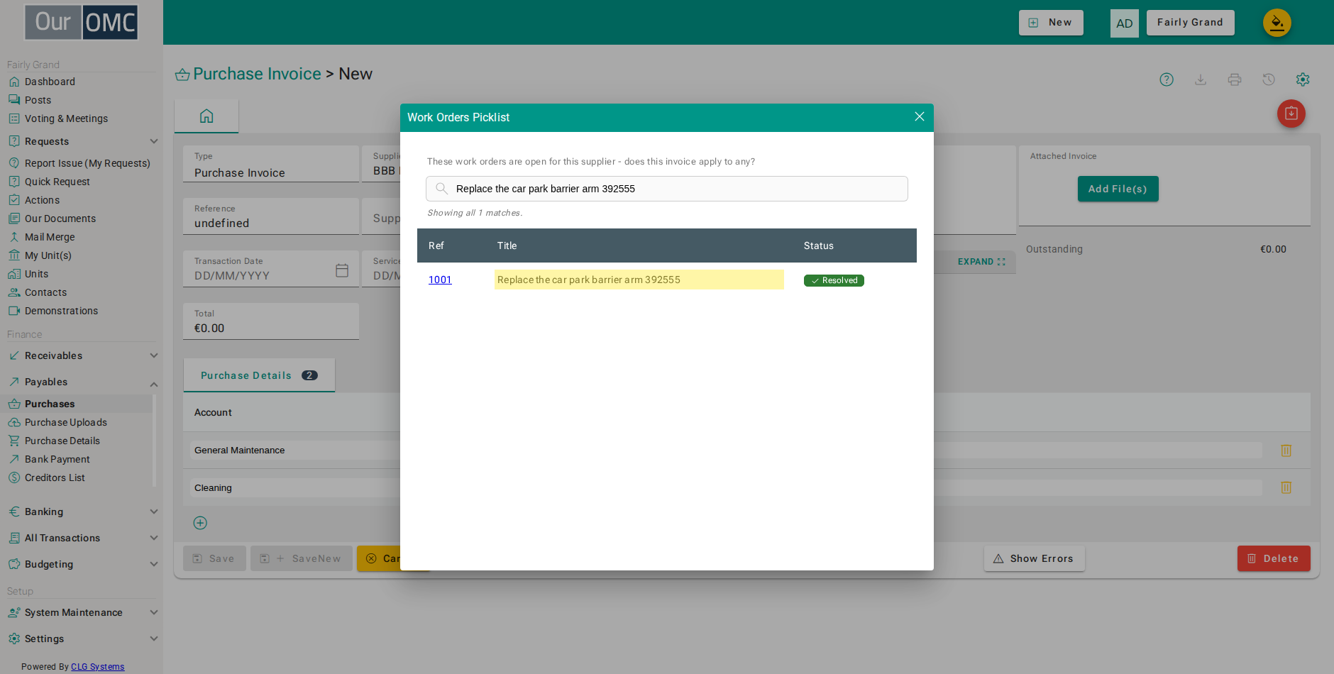 Click the work order this invoice is paying for - the status shows how far it has got