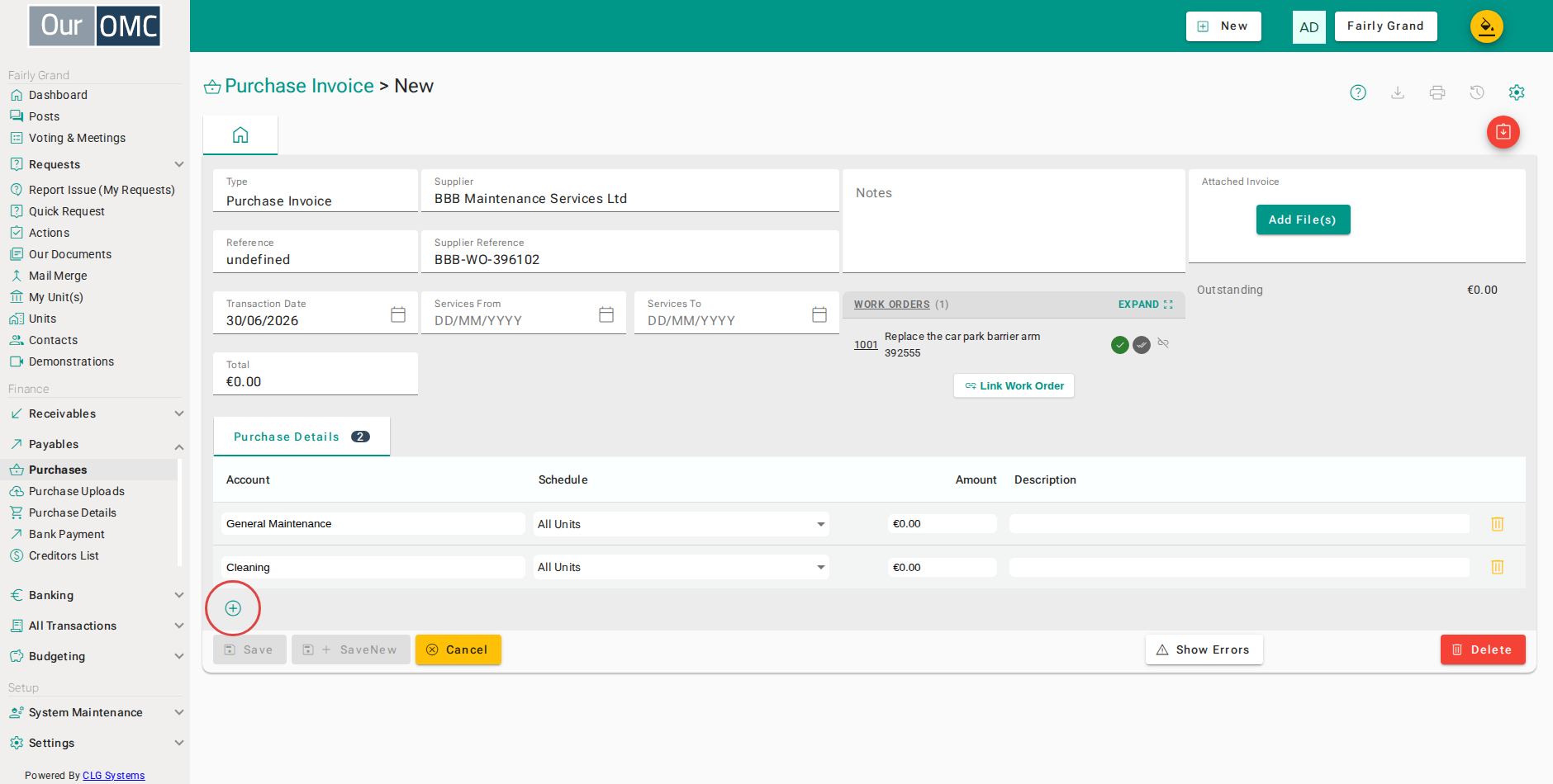 Click the add button to code the cost to a budget code