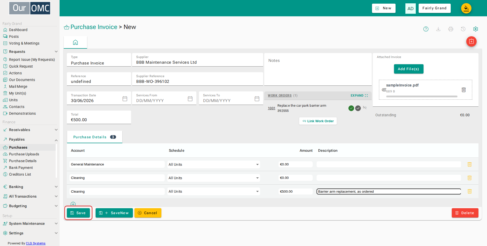 Click save - the invoice is posted and the work order accepted with it
