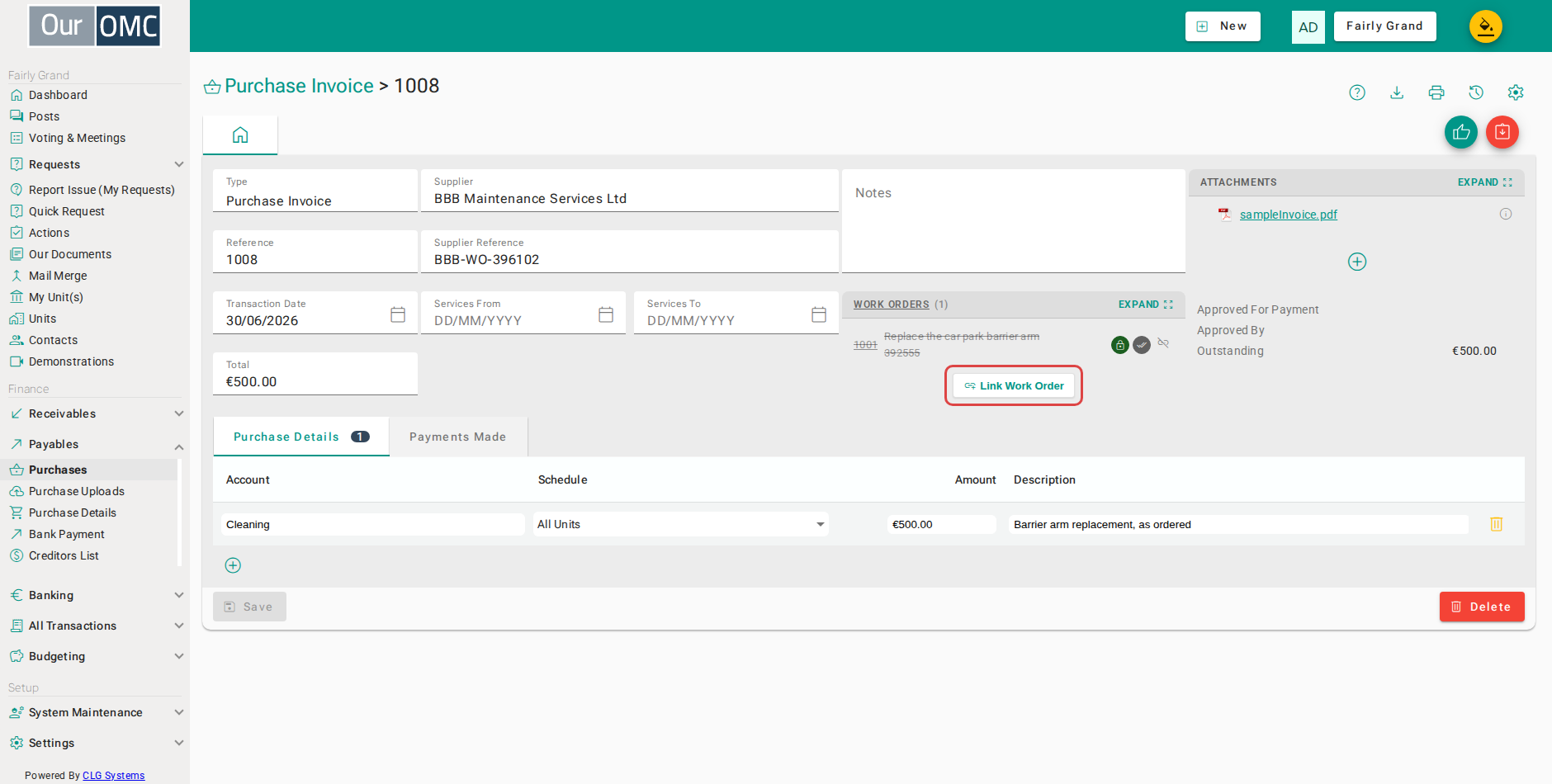 Click Link Work Order to link another job to this invoice