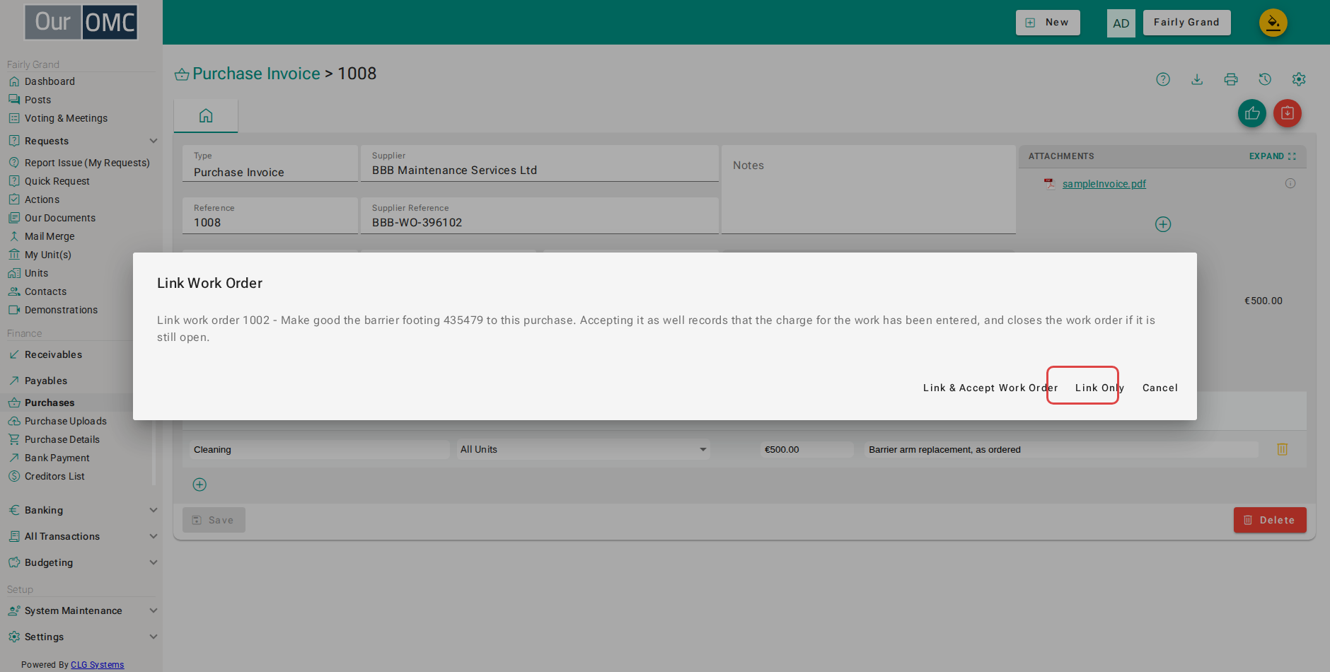 Choose Link Only - the making good is still to be billed, so this invoice does not settle that work order