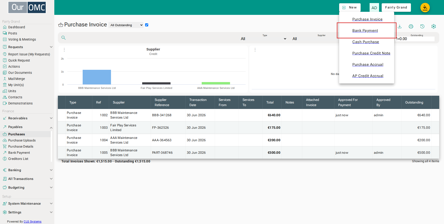 Select [Bank Payment] from the new options menu