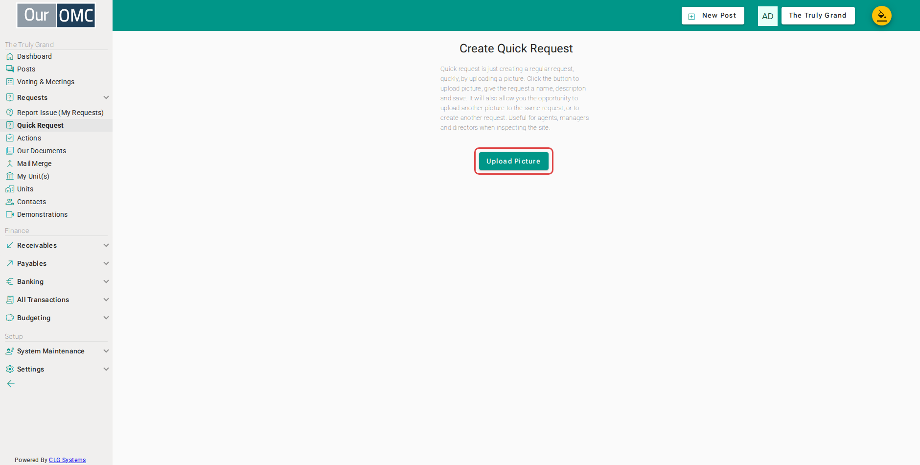 The Quick Request page opens immediately ready to accept a photo — click Upload Picture to choose an image from the device or camera