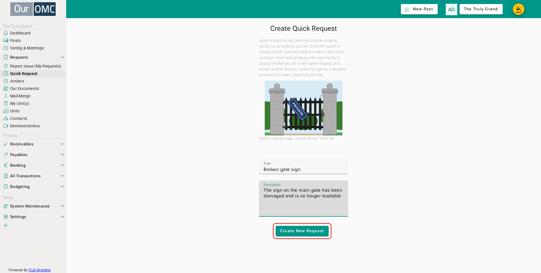 Click Create New Request — the request is created immediately with the photo attached