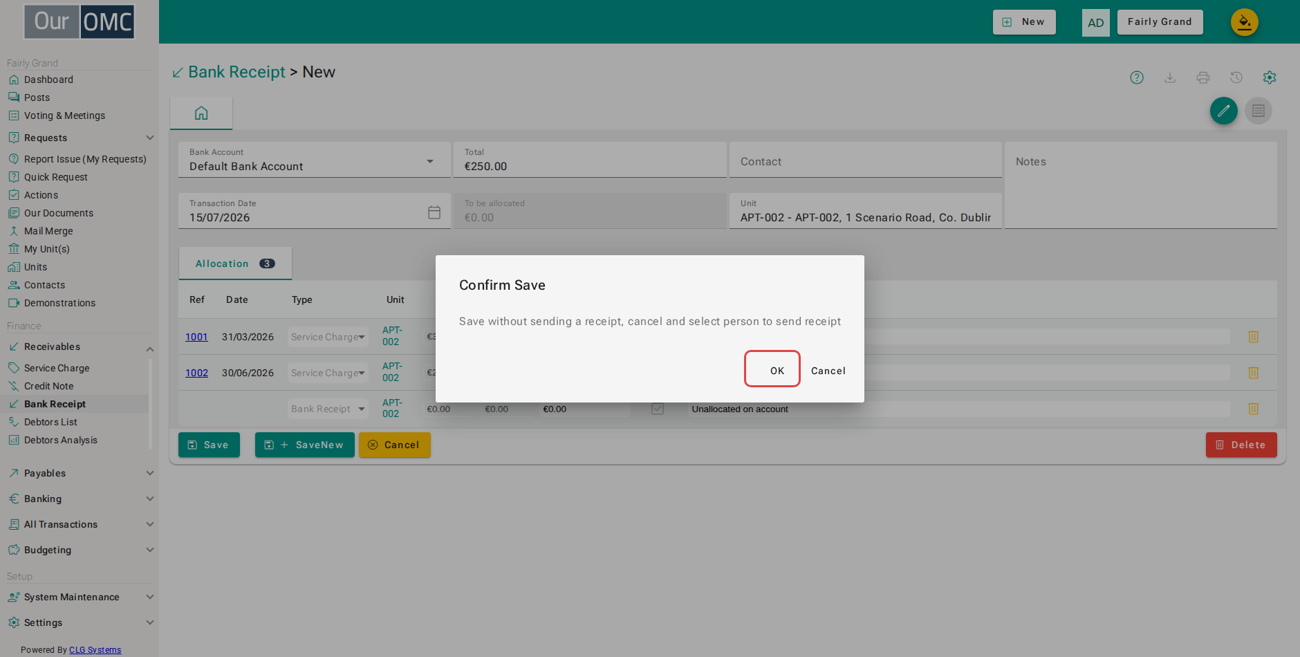 Confirm saving - the unit has no owner on file, so no receipt is emailed