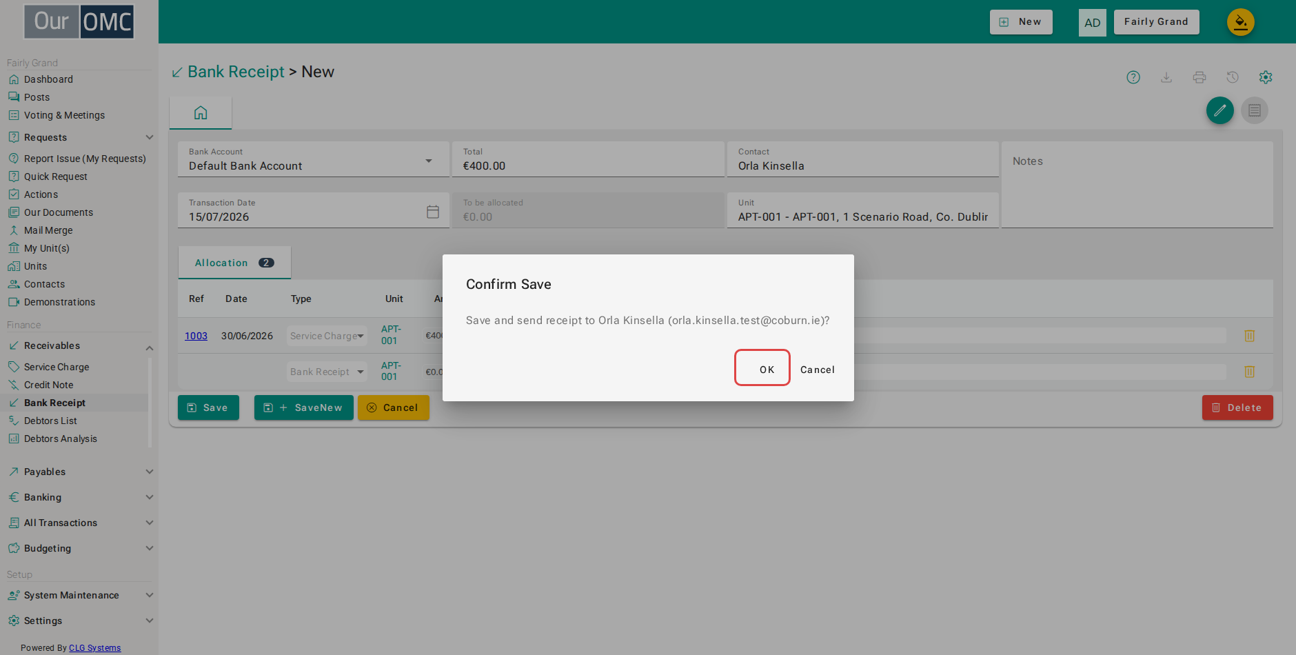 Confirm saving and emailing the receipt to the owner