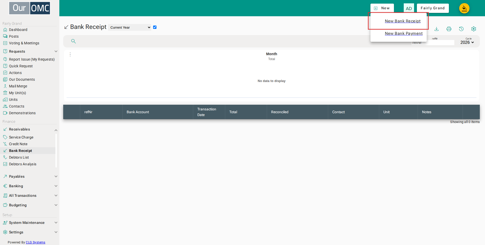 Select [New Bank Receipt] from the new options menu