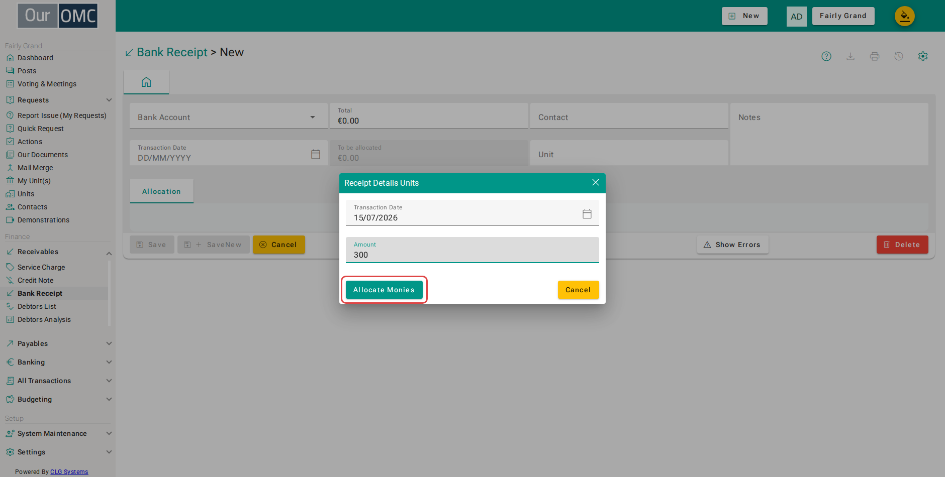 Click Allocate Monies to go on and set the lodgement against what is owed