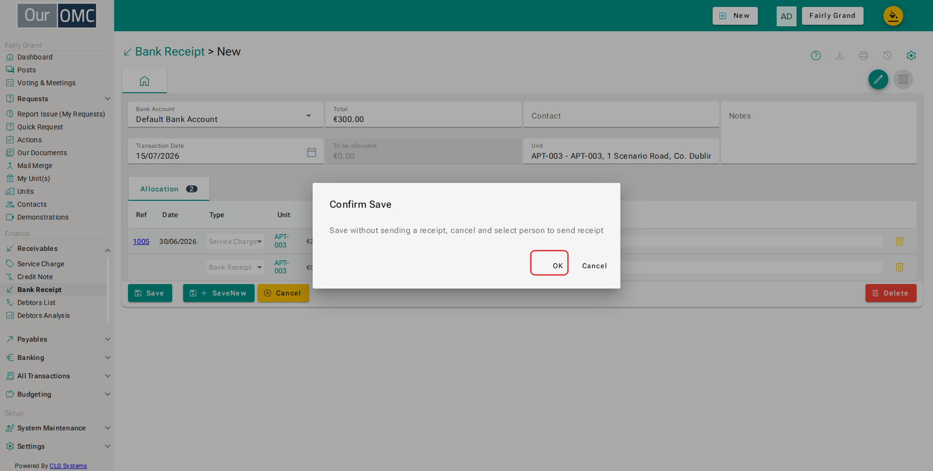Confirm saving - the unit has no owner on file, so no receipt is emailed