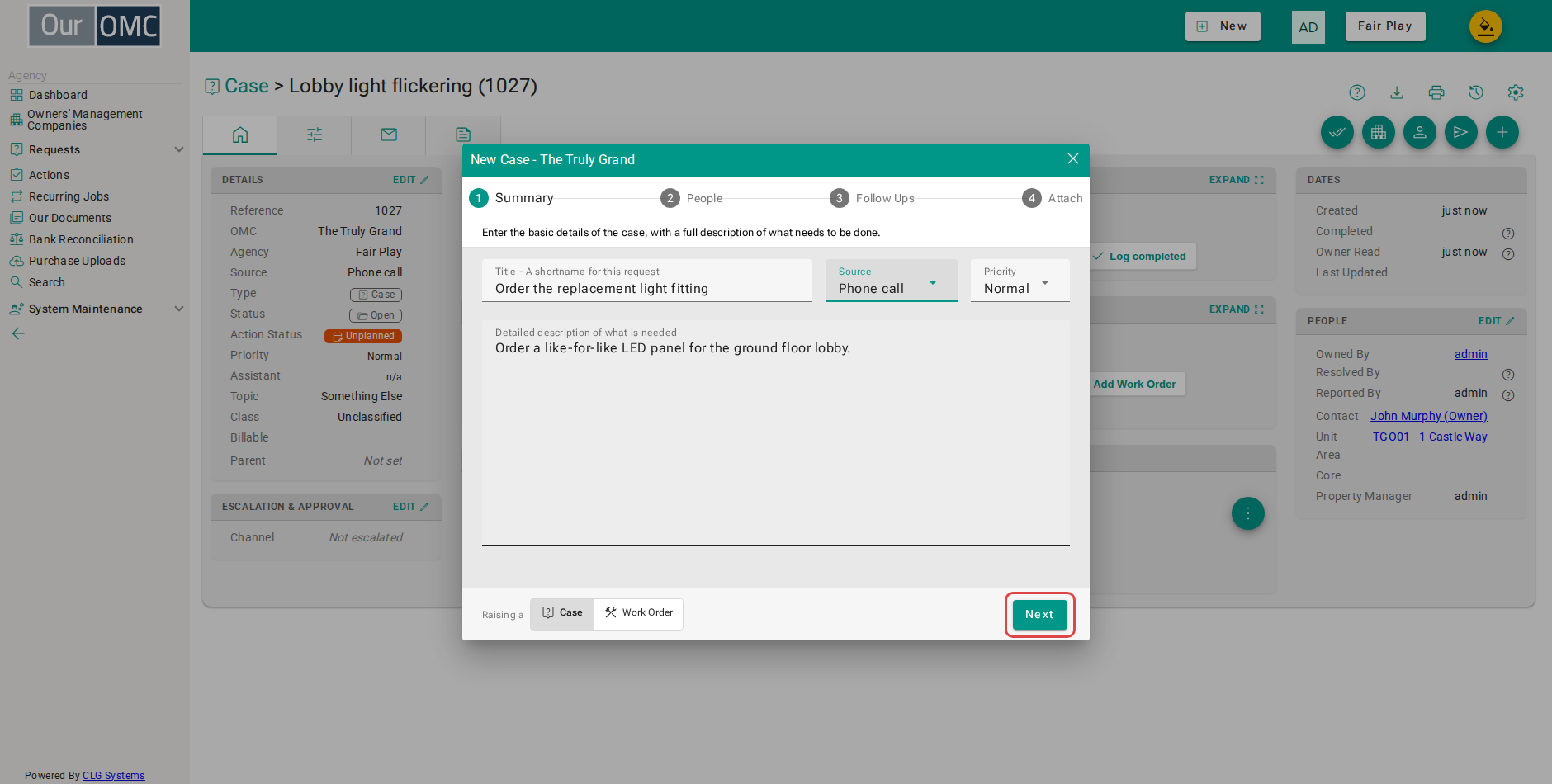 Click Next - the unit and contact come from the parent
