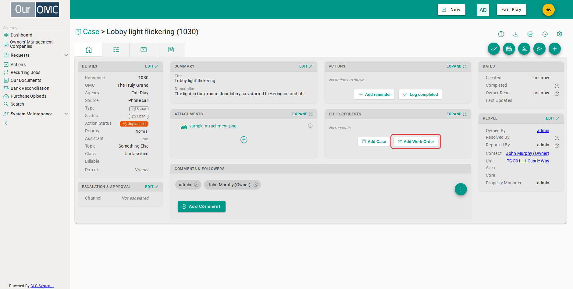 Click the work order button under Child Requests to order the work from a supplier