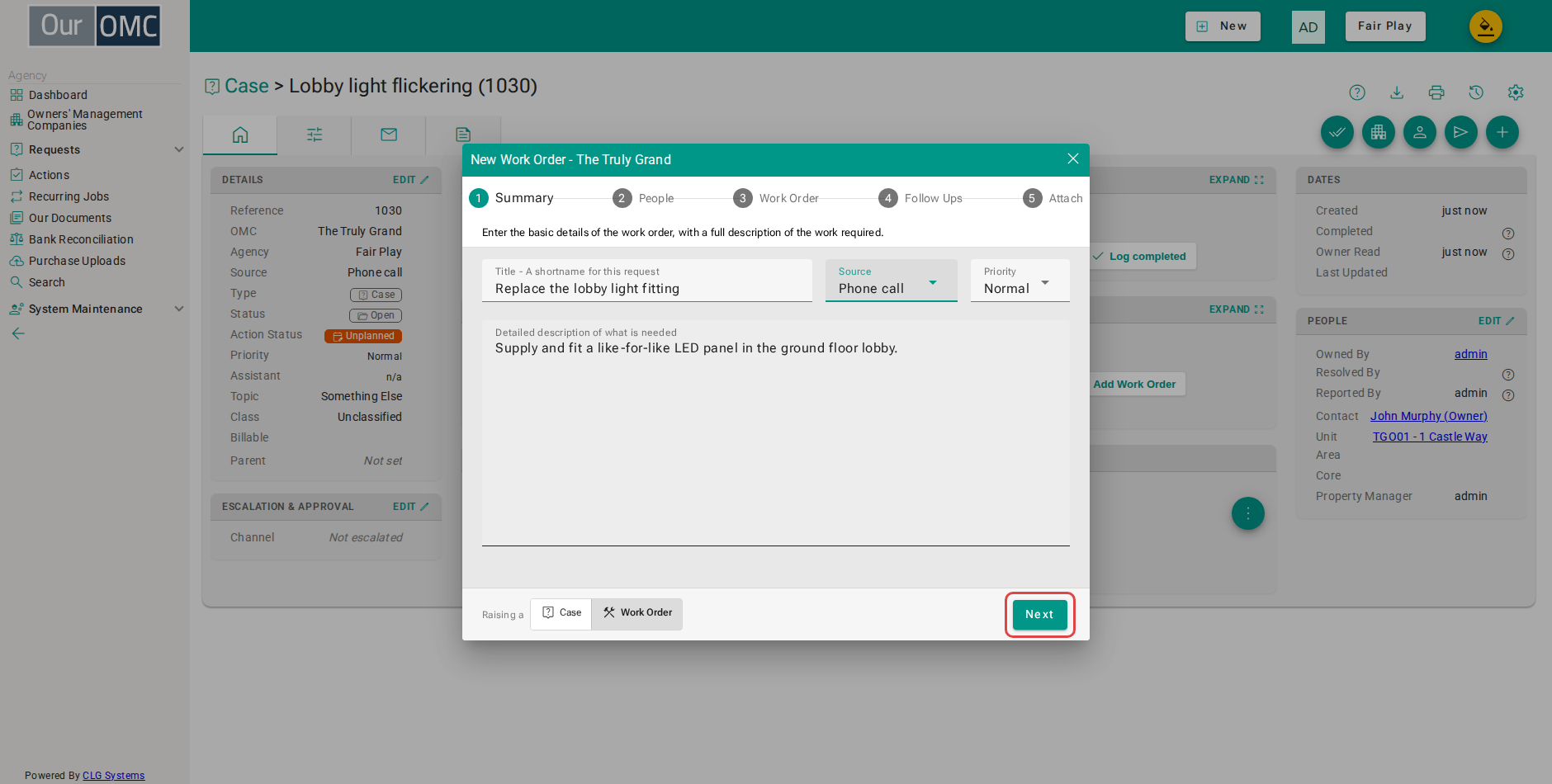 Click Next - the unit and contact come from the parent