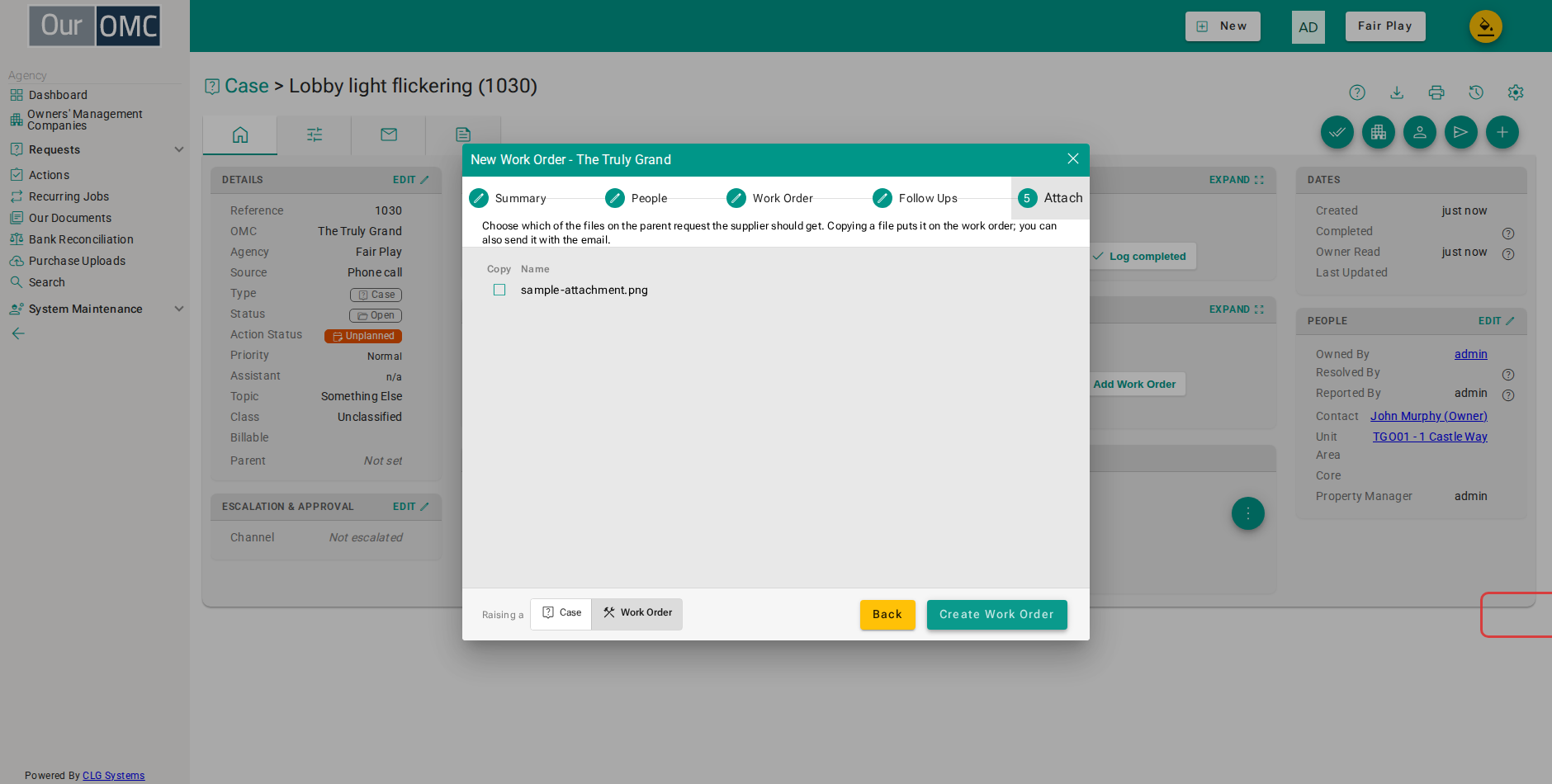 Click Create Work Order - it is created and linked to the parent