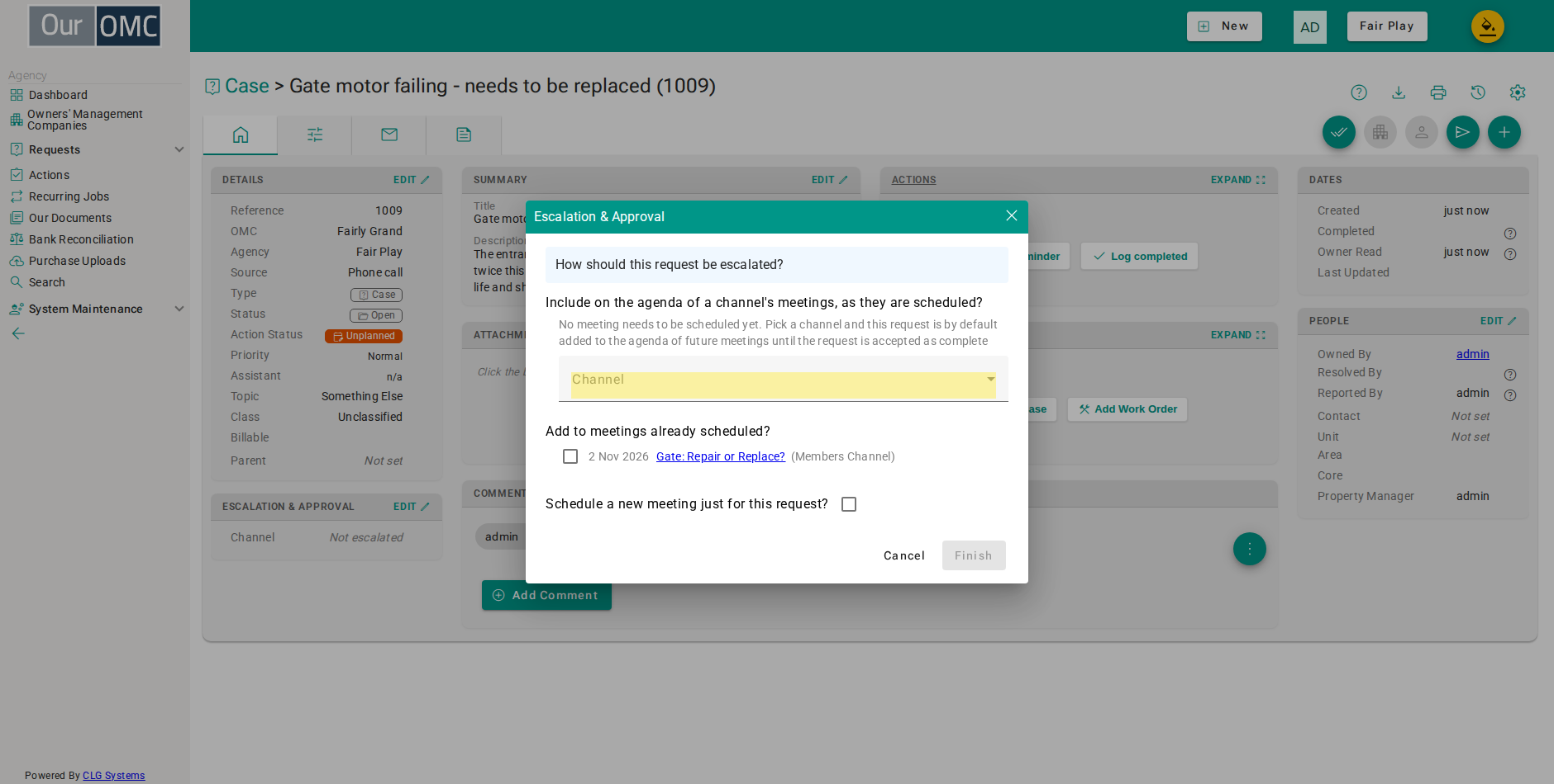 Choose the channel whose meetings should discuss the request