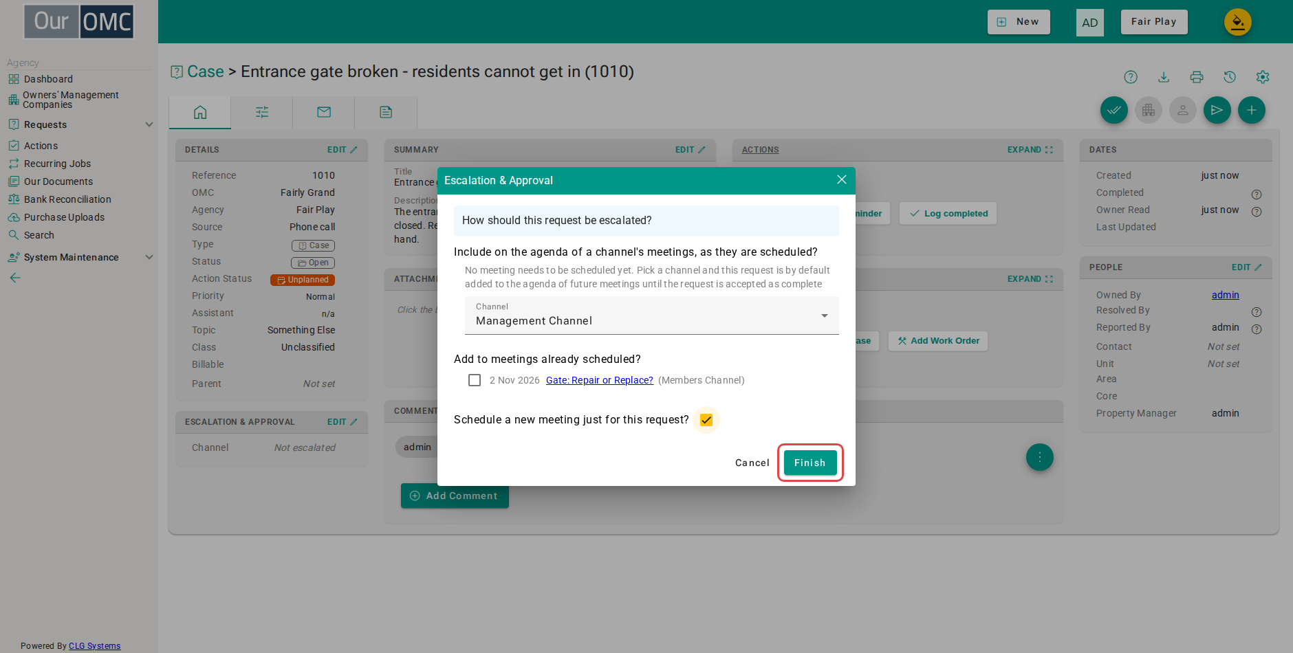 Click Finish to escalate the request and open the new ballot