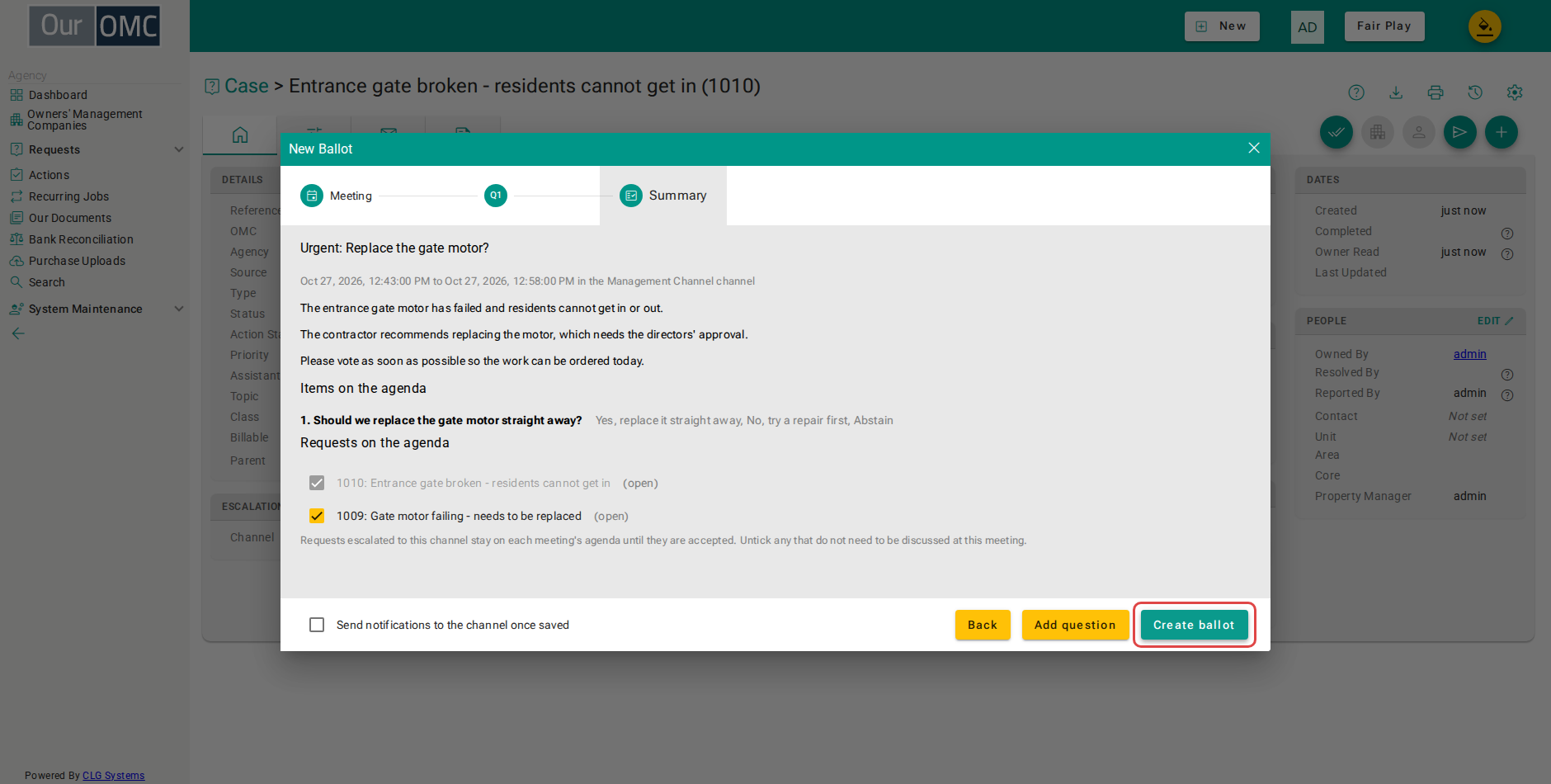 Click Create ballot to raise the ballot for the directors
