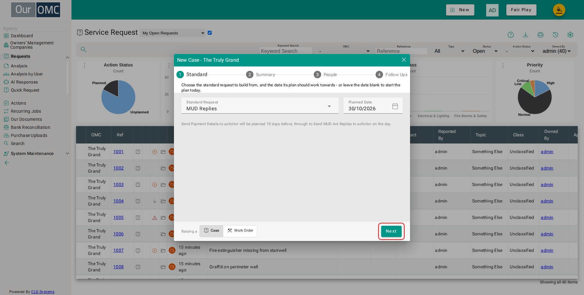 Click Next to review what the standard request has filled in