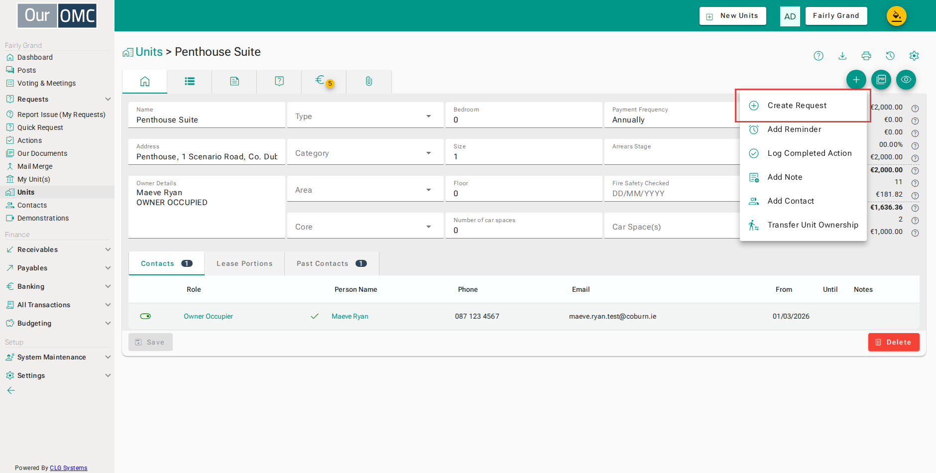 Choose Create Request to raise a service request about this unit